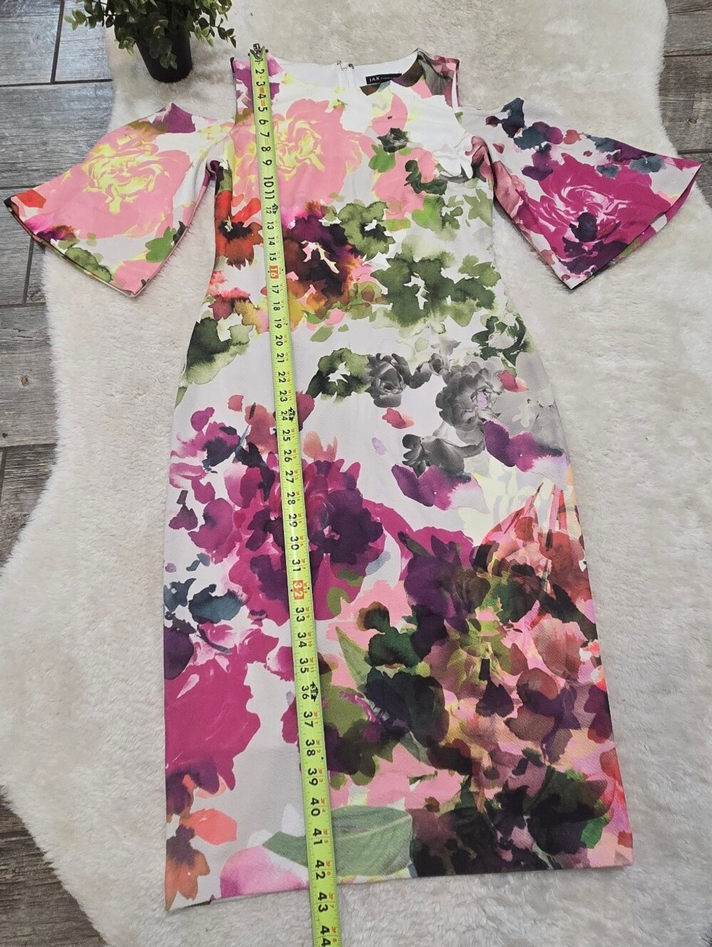 JAX Black Label Floral Cold Shoulder Midi Sheath Dress Bell Sleeve, Size 6