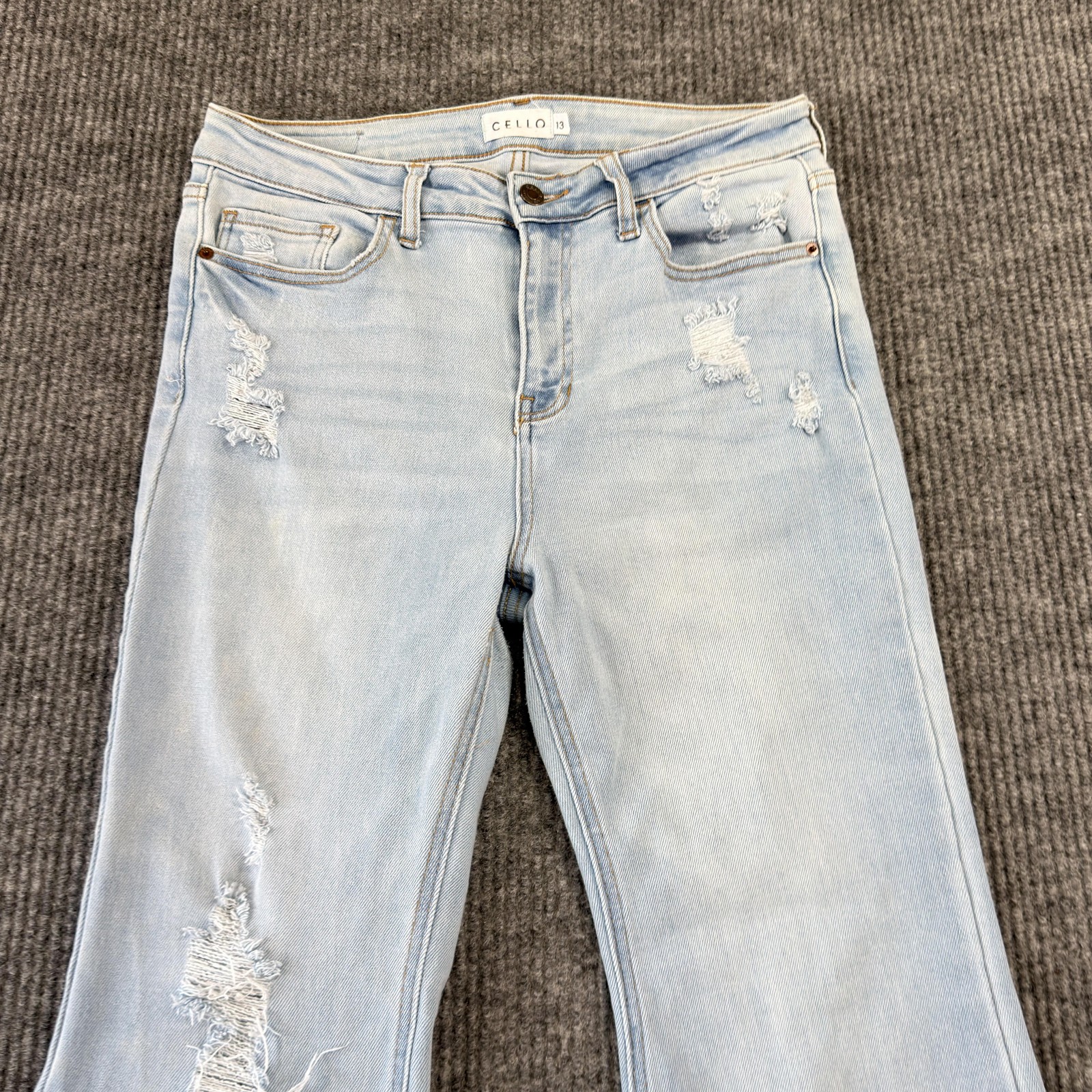 Cello Flare Jeans WomensM13 Light Wash High Rise Distressed Fringe Hem Stretch