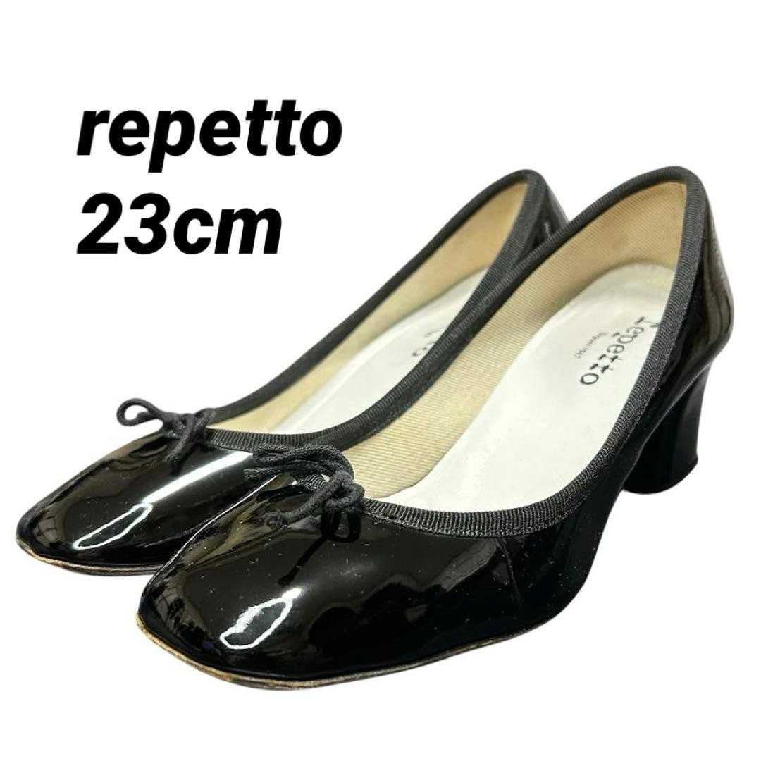 REPETTO Pumps Camille Patent Leather Bow Chunky Heel Black Authentic From Japan