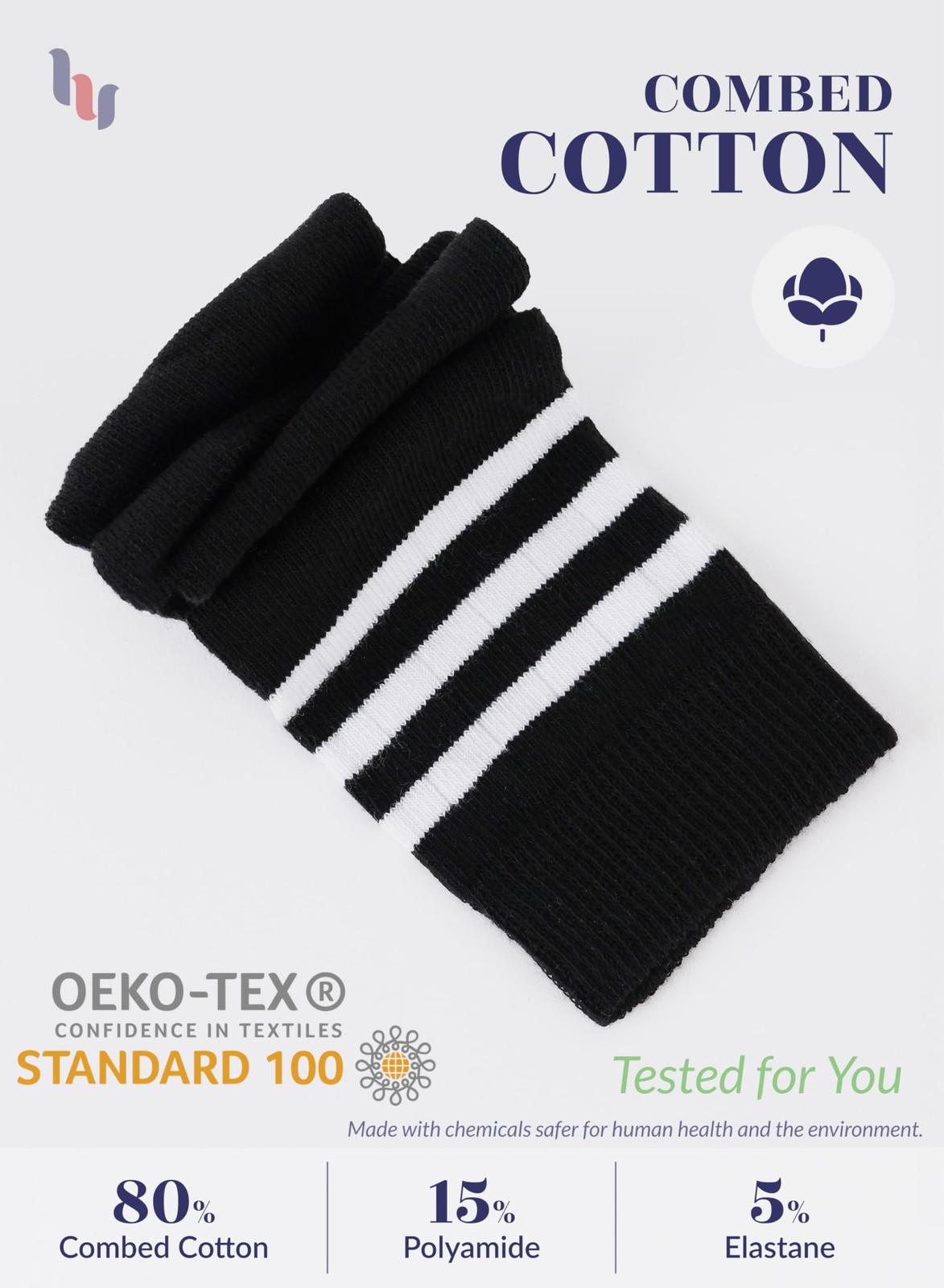 Hugh Ugoli Knee High Cotton Socks with Stripe for Girls/Boys 5-14 Years 4 Pairs