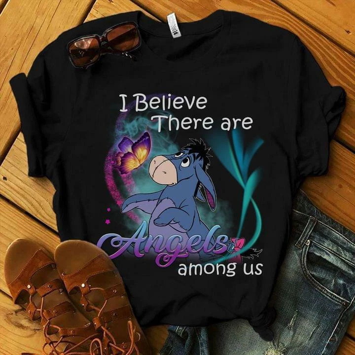 Eeyore Butterfly I Believe There Are Angels Among Us Tshirt Women Black S-5XL