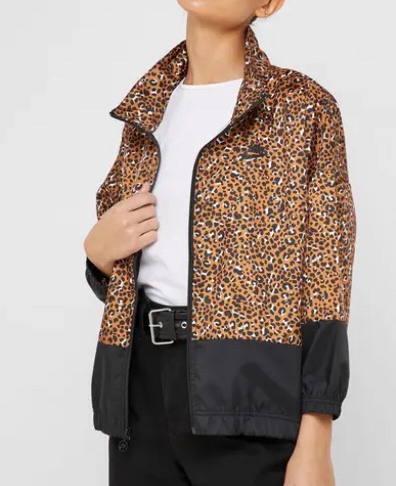 Nike Womens Sportswear Woven Jacket Zip Cheetah Animal Print Black Size M