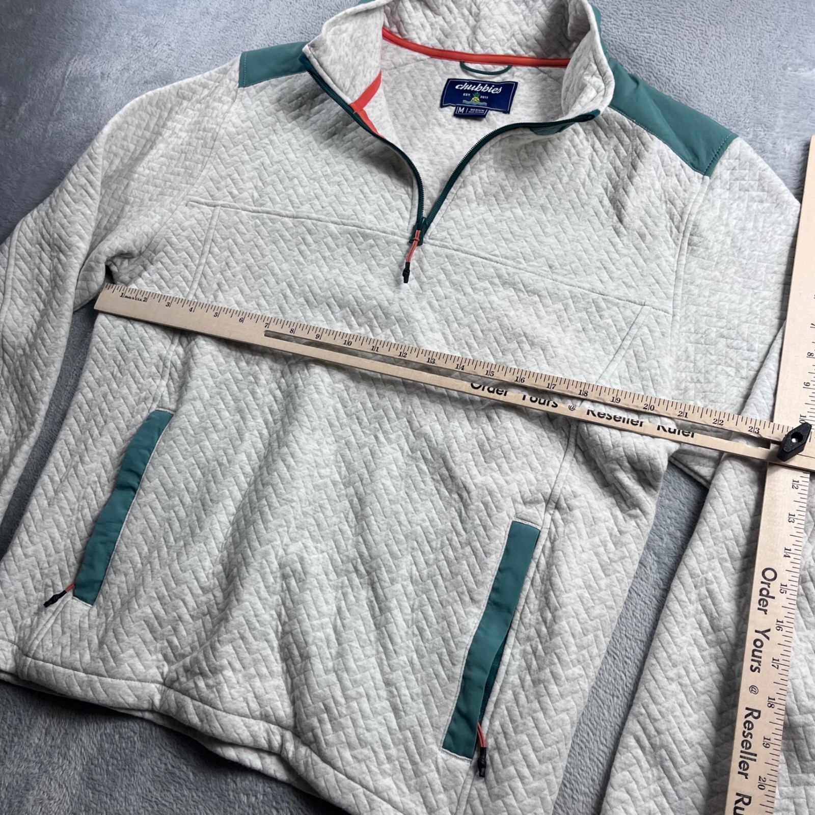 Chubbies Mens Quilted Quarter Zip Pullover Grey Teal Orange Trim Size Medium