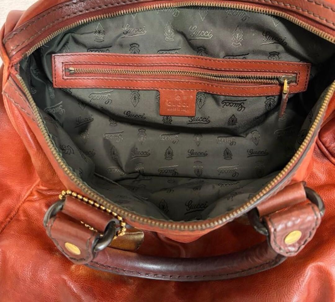 GUCCI Red Leather Boston Bag Vintage Studded Heart Charm Womens Handbag 71