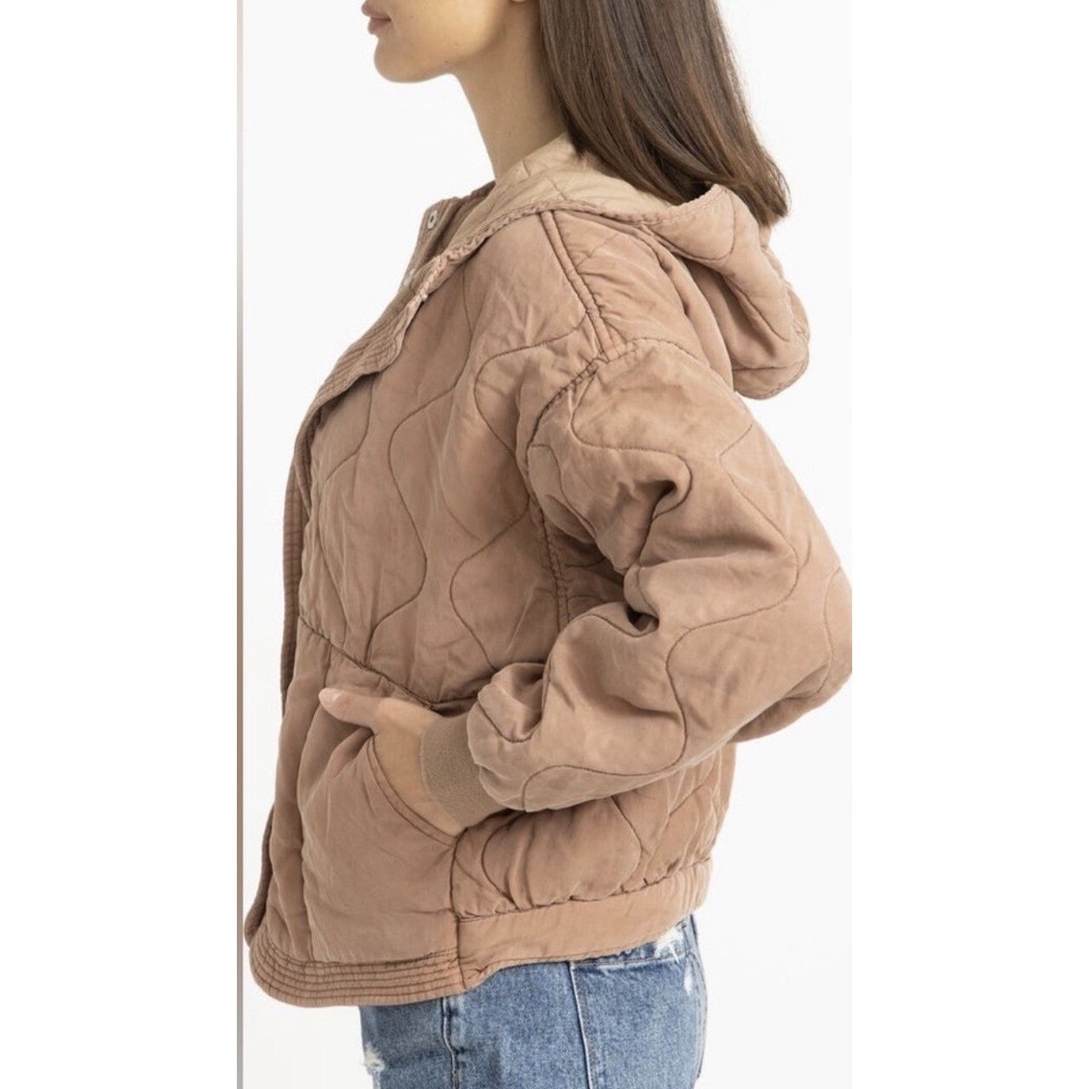 BlankNYC Womens Quilted Hooded Bomber Jacket in Clay Rose Mauve Size XS