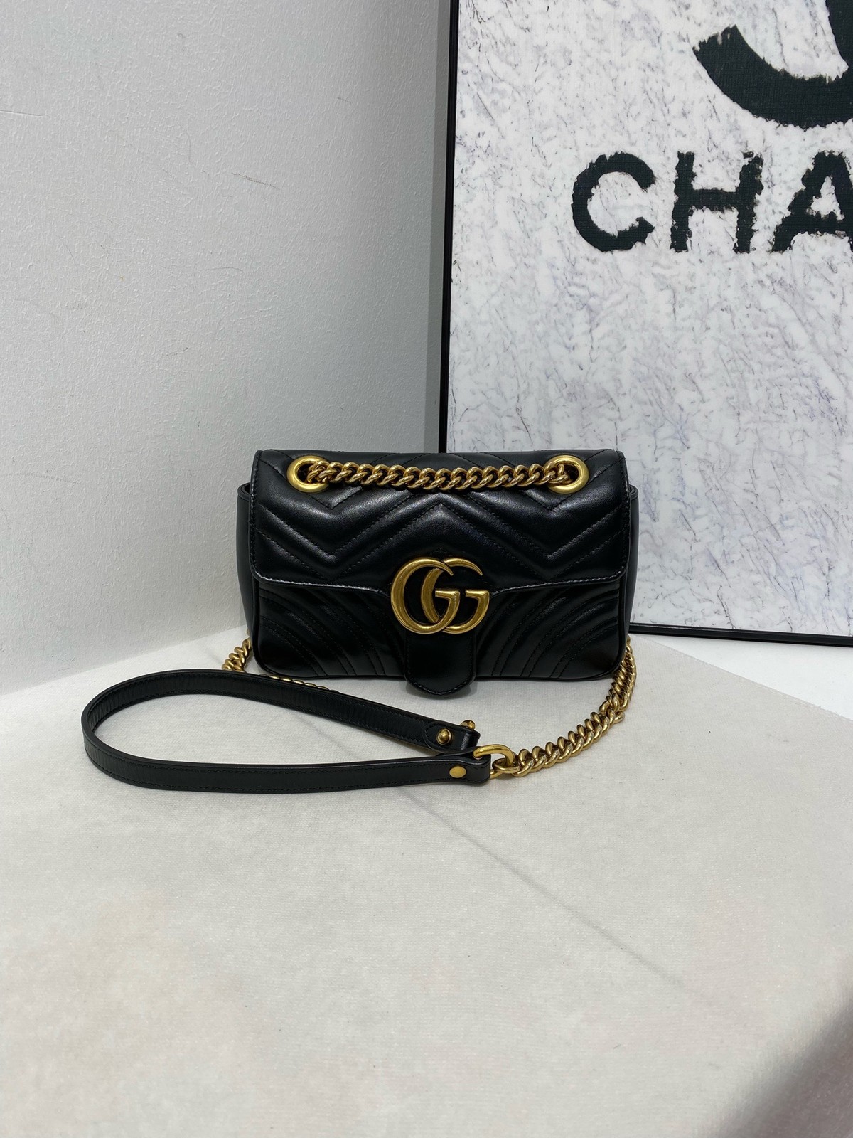 Gucci GG Marmont Small 22cm Black Gold Leather Chain Crossbody Bag Duty Paid
