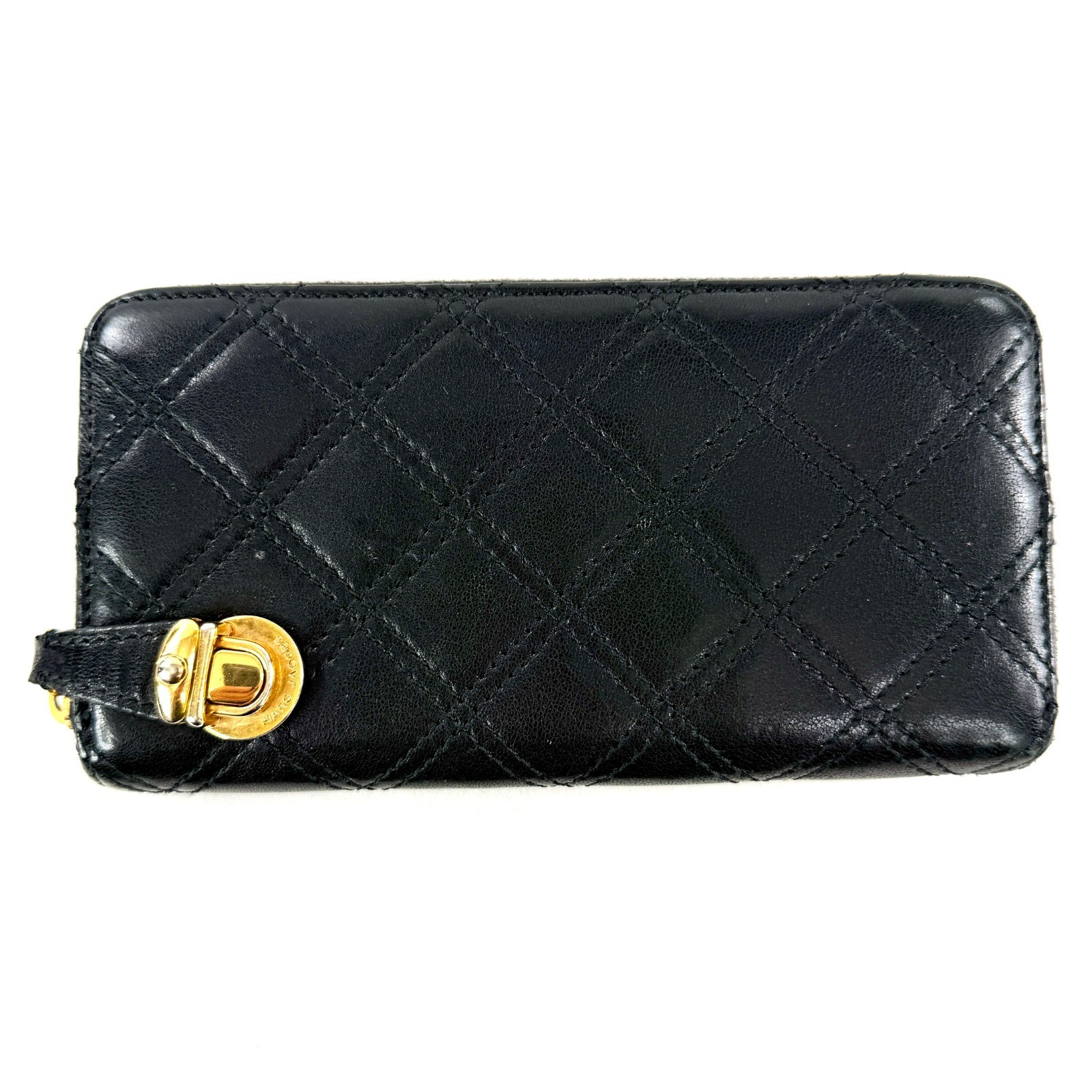Marc Jacobs Black Quilted Leather Large Zip Around Wallet Clutch Brass Push Lock