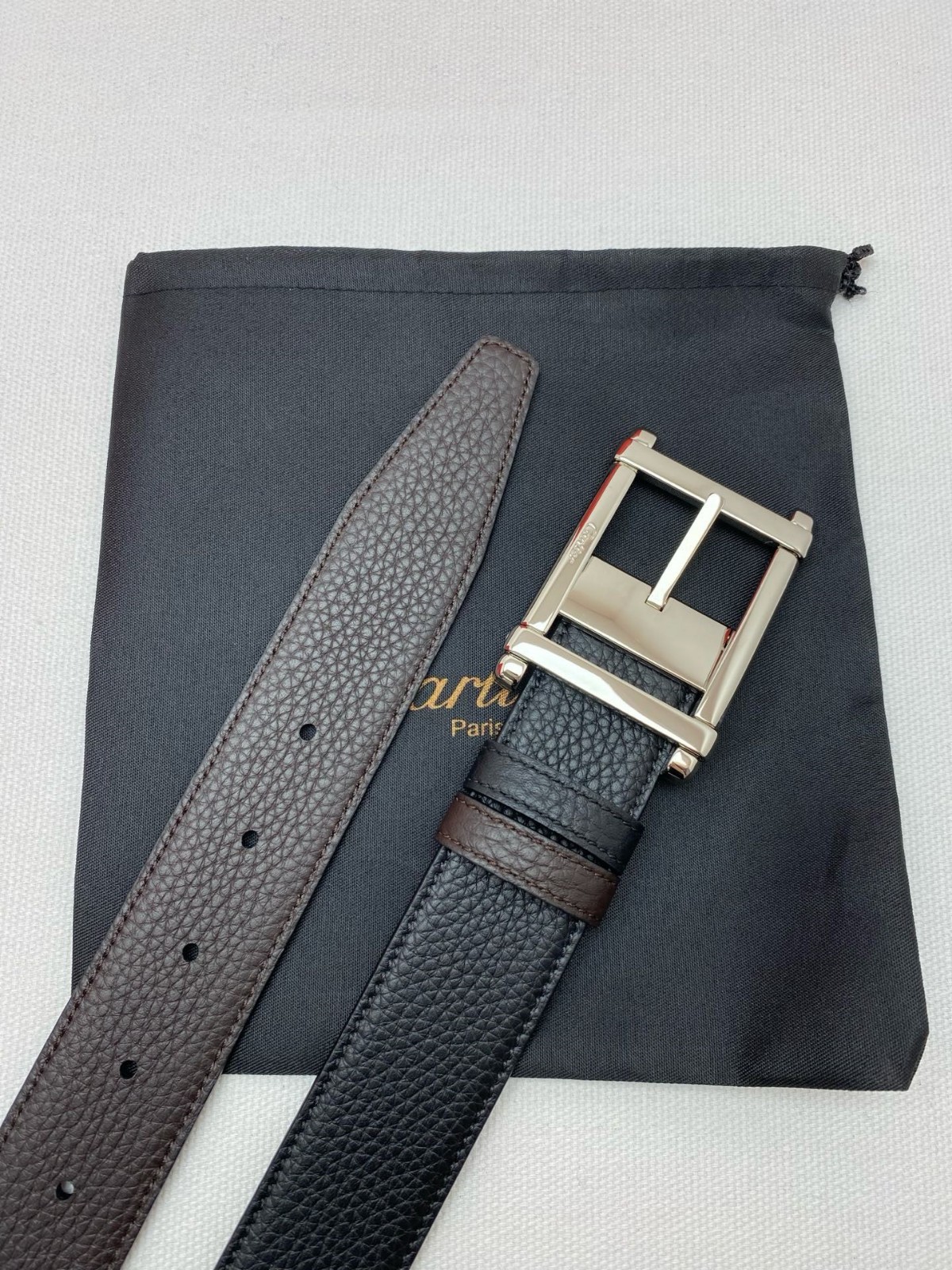 Cartier Black and brown double-sided cowhide men’s Silver buckle belt
