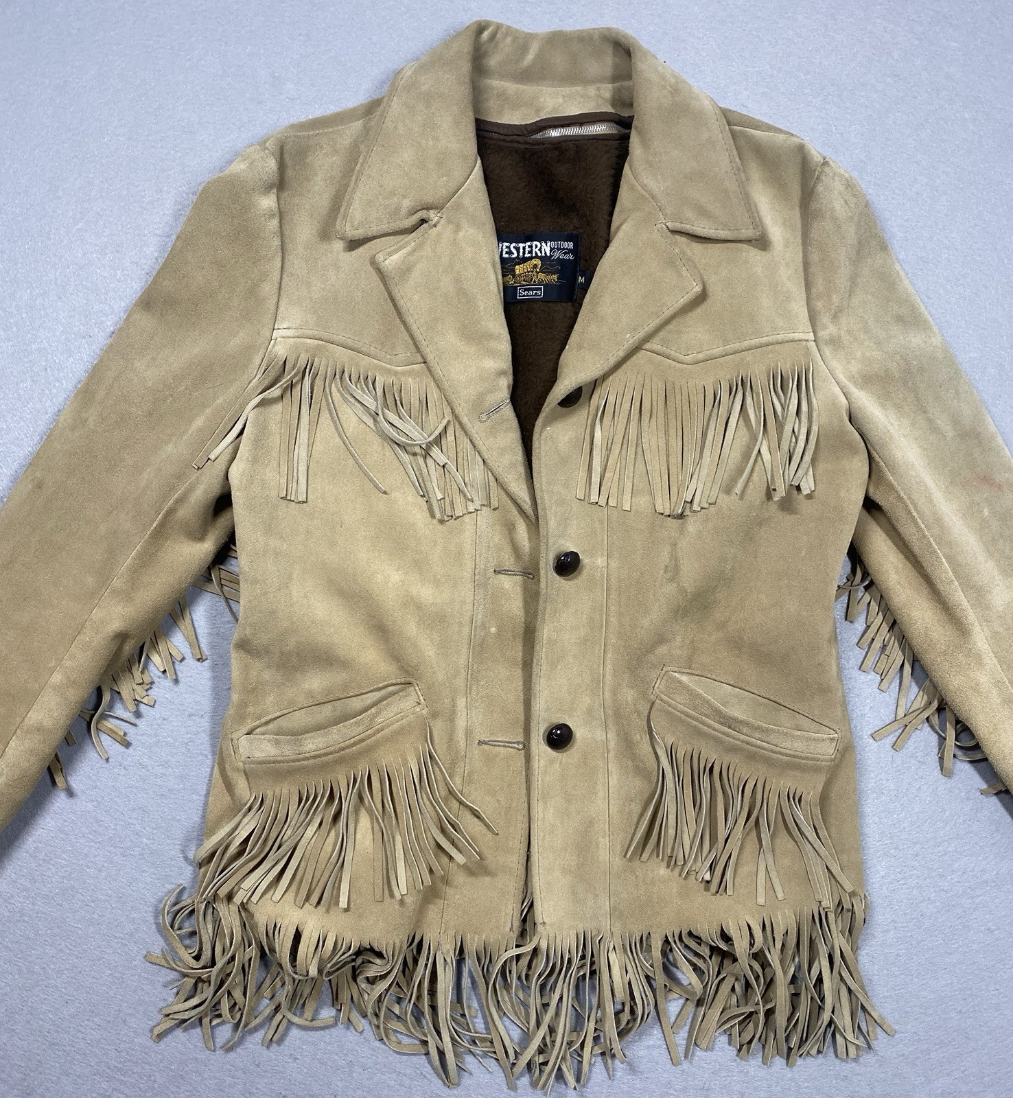 Vtg Sears Western Outdoor Wear Fringe Leather Button Up Jacket Medium See Photos