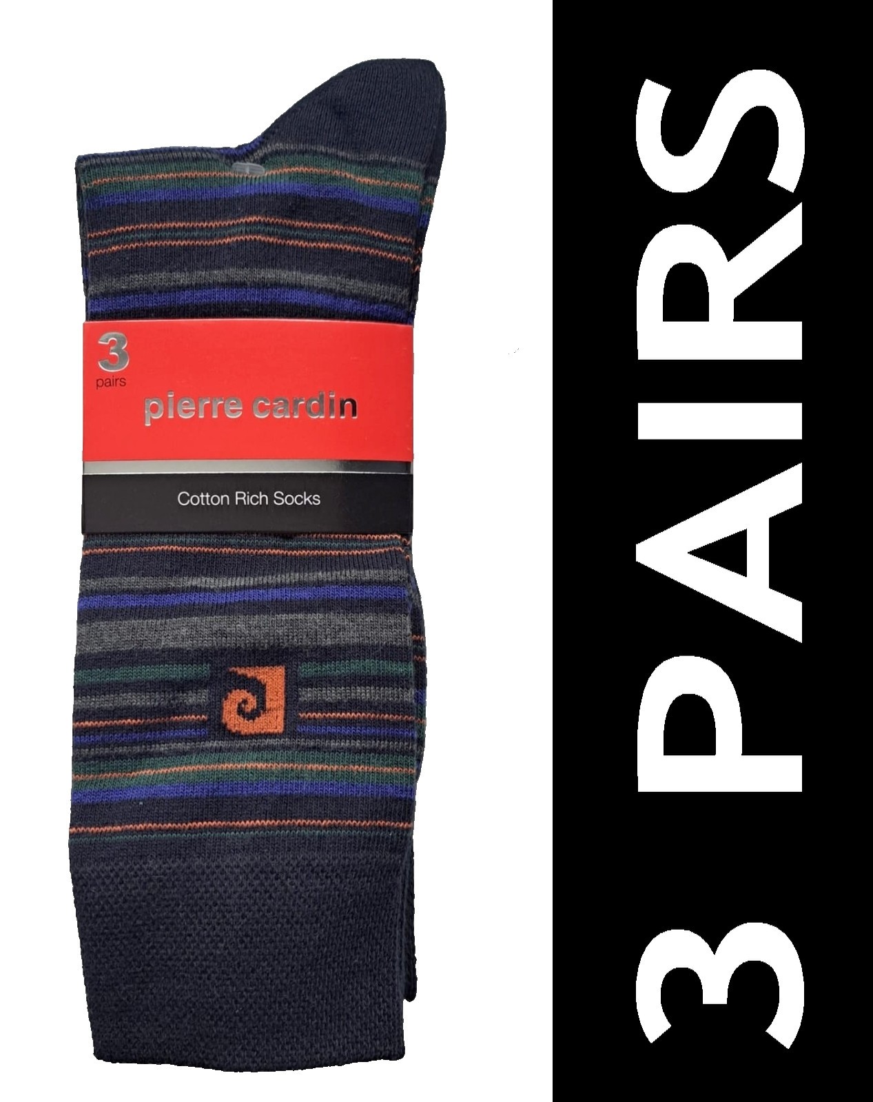 PIERRE CARDIN | Mens 3 PACK Multicoloured Stripe Socks One Size UK 7-11 EU 40-46
