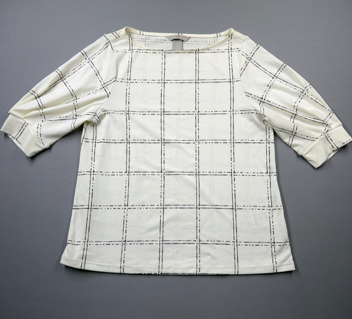 H&M Womens Small Blouse White Black Grid Check 3/4 Sleeve Minimalist Top