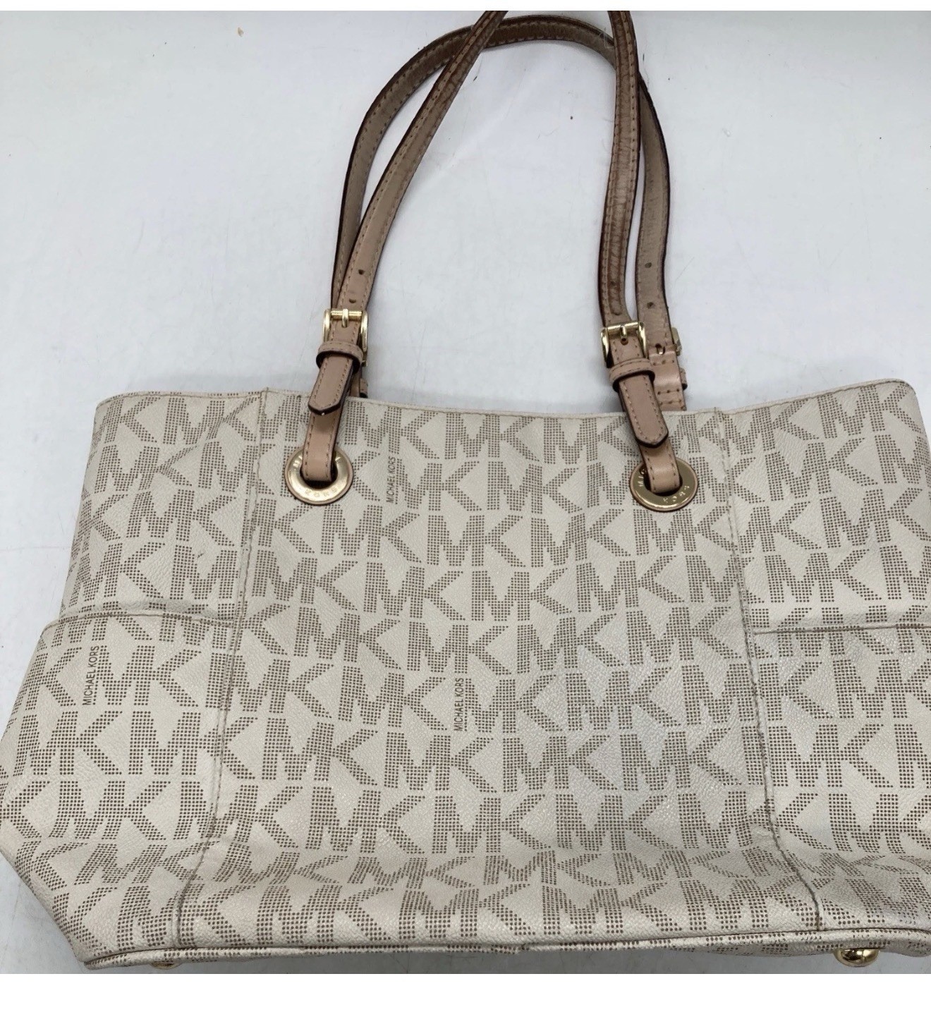 Michael Kors Signature Beige Logo Large Tote Zip Top Gold Hardware MK Charm