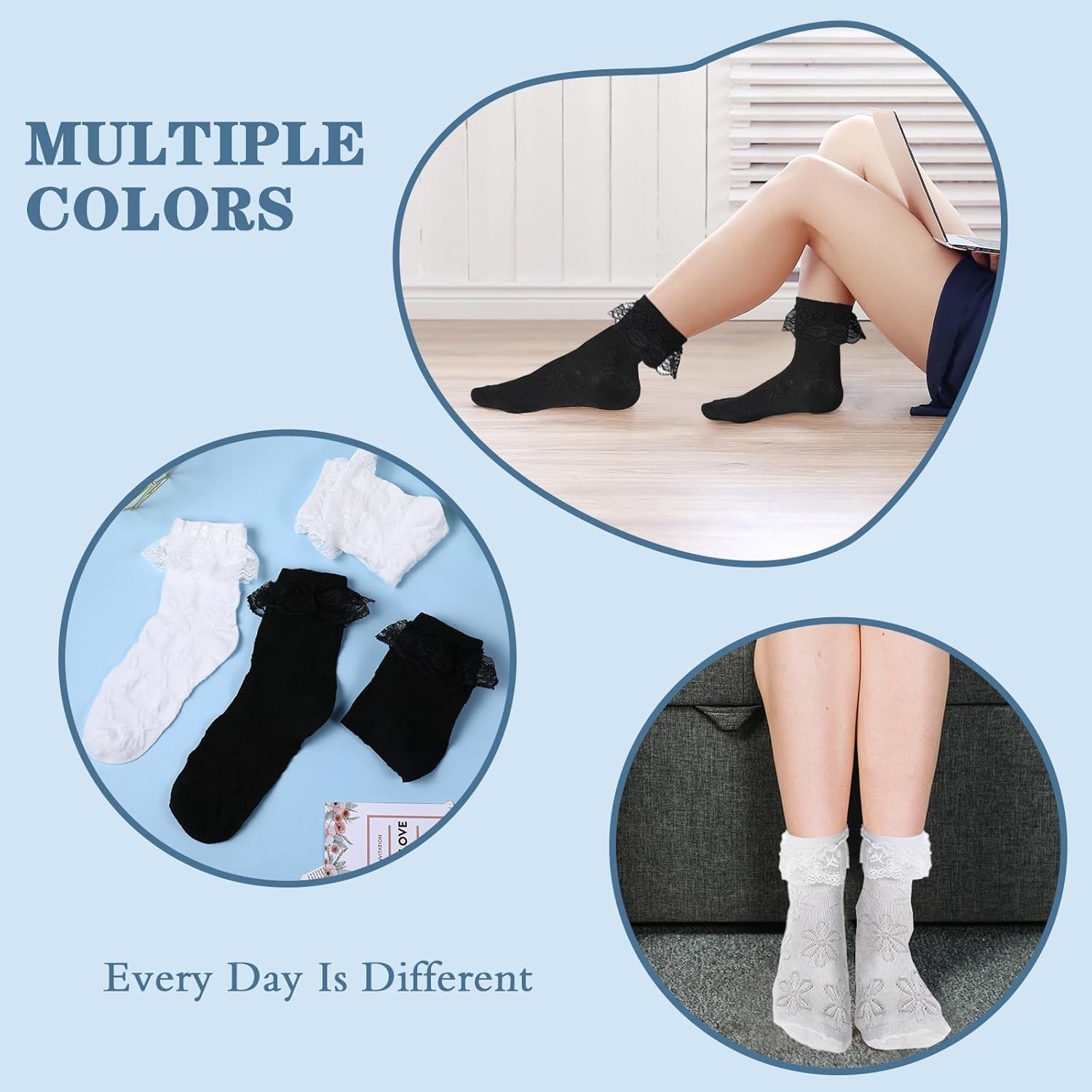 2pairs White Ruffle Socks for Women Turn-Cuff Lace Frilly Ankle Comfortable