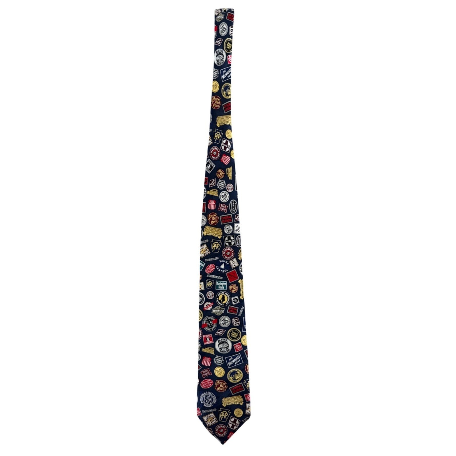 Museum Artifacts 100% Silk Tie Mens Navy Blue Excellent Vintage Railroad Logos