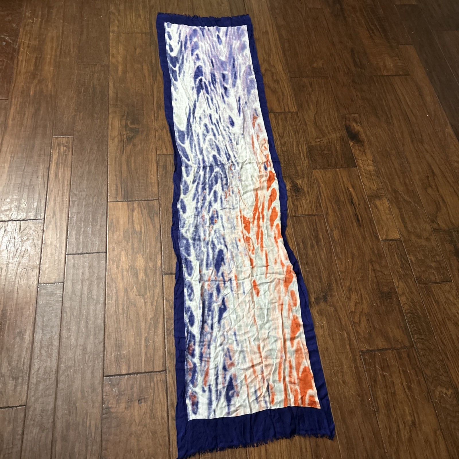 Blue Purple And Red abstract Ty Dye pattern semi-sheer long scarf fringe ends.