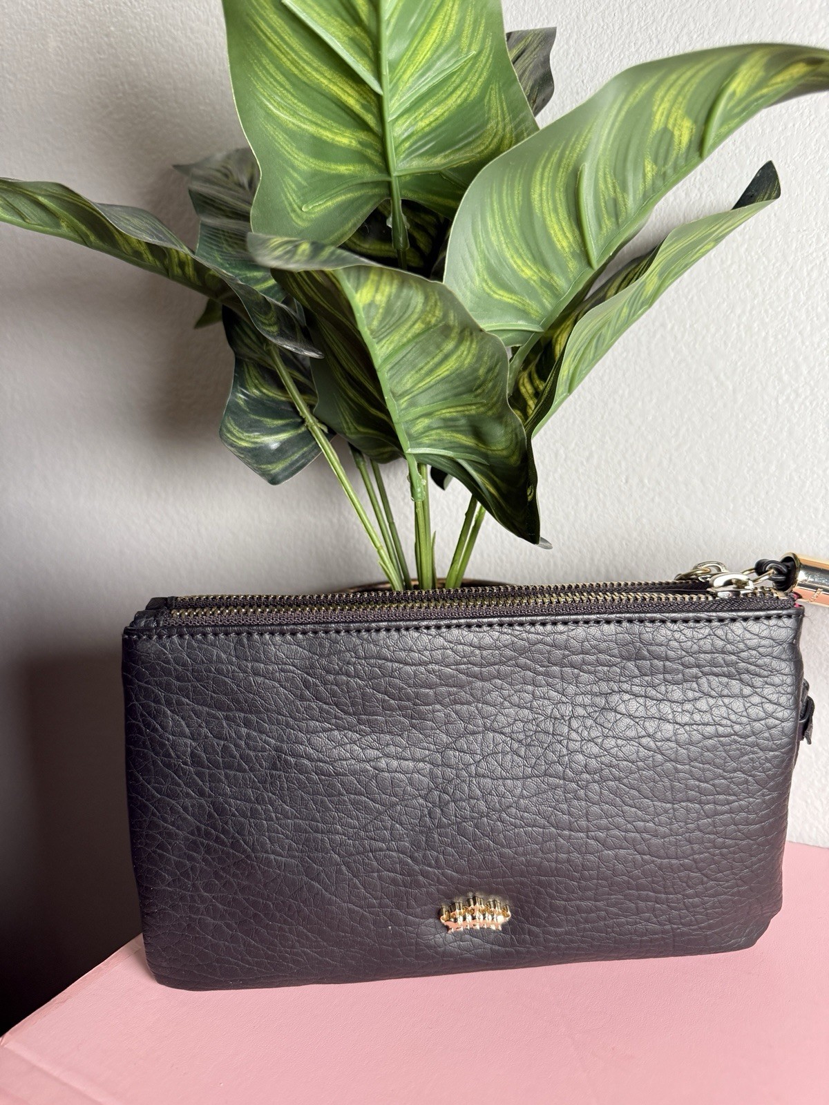 Juicy Couture Black Solid Zip Wristlet Wallet Credit Card Logo Tassel Strap