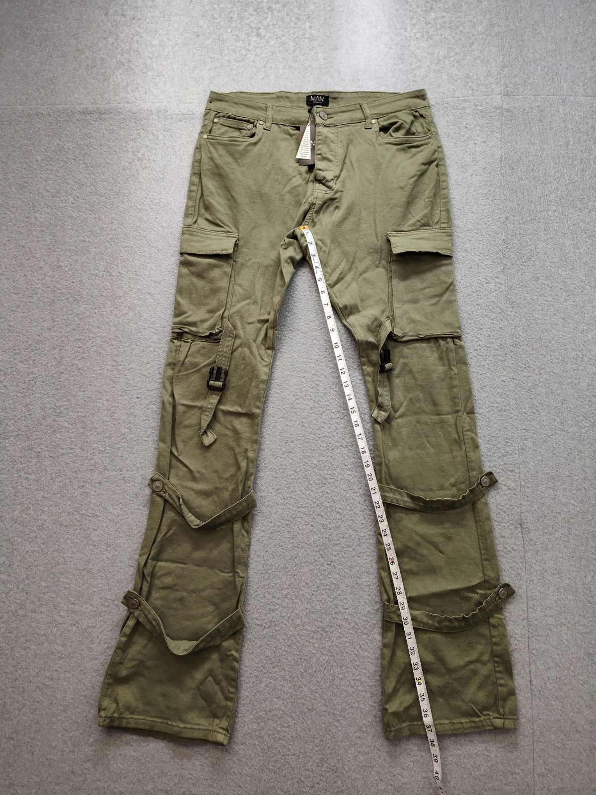 Boohooman Men Cargo Pant 34 Olive Green Utility Workwear Strappy Buckle Pockets