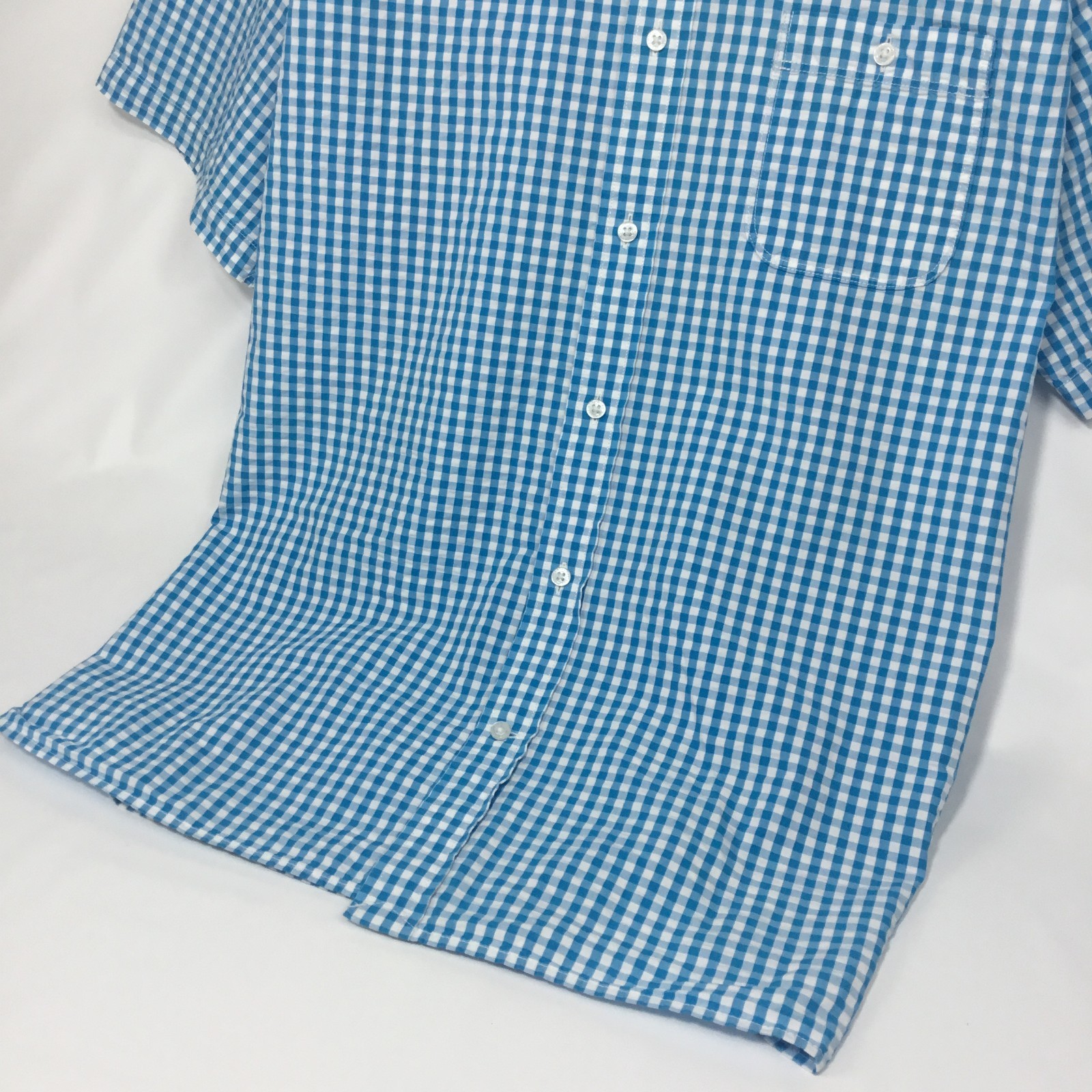 Lands End Mens Seersucker Shirt XL Blue White Gingham Short Sleeve Traditional