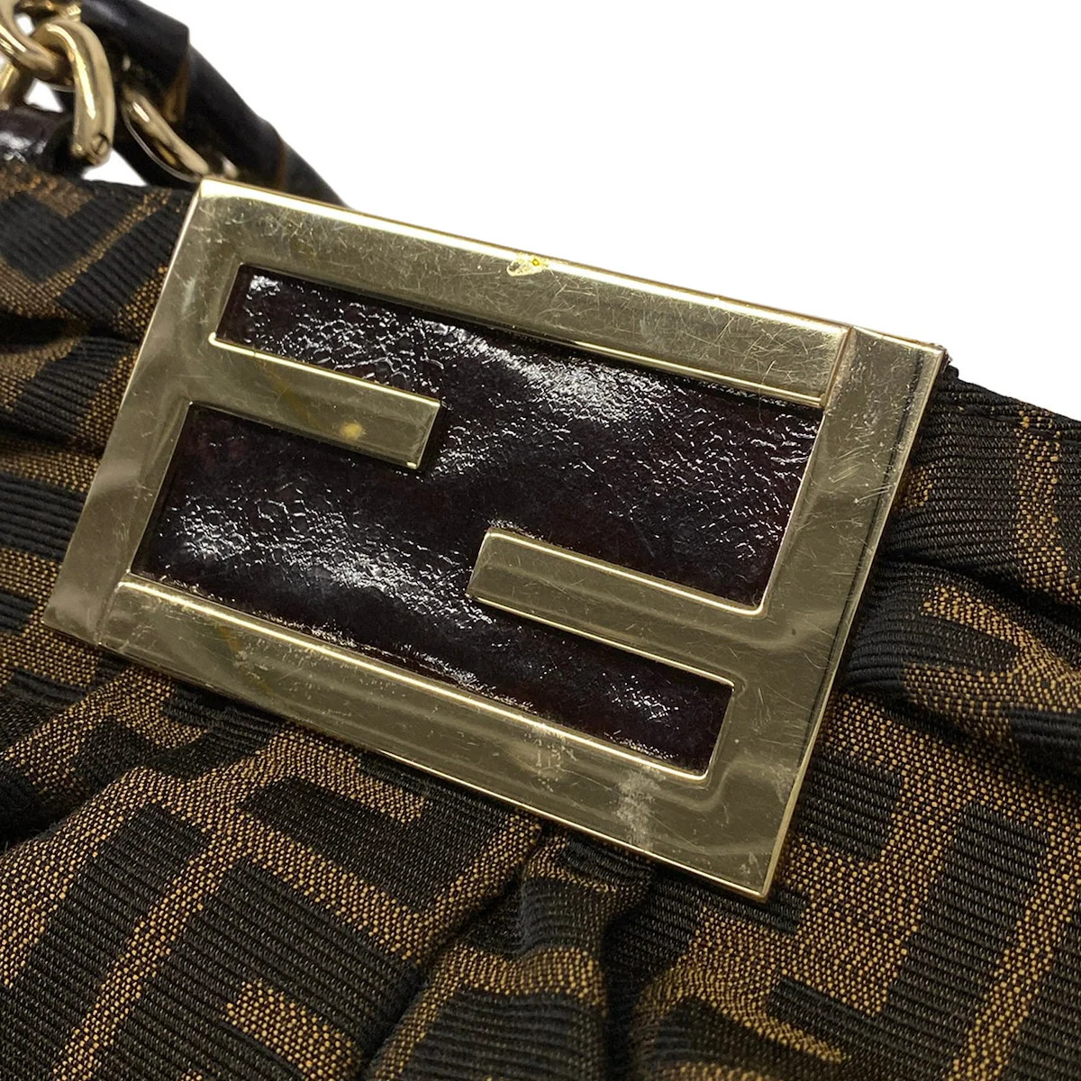 FENDI Zucca 8BR615 Light Brown Black Gold Jacquard Patent Leather Hardware