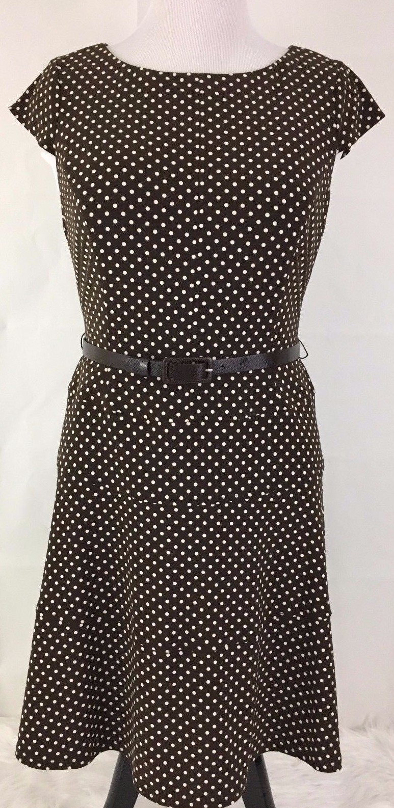 Size 12 Petite Dress Brown White Polka Dot Lined Belt Anne Klein