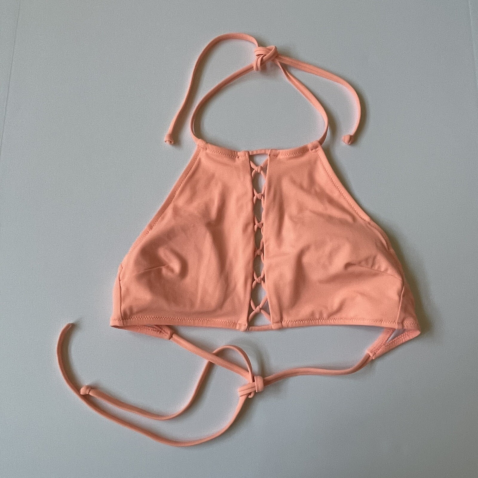 PINK Victoria Secret Swim Top Sz Small S C75 (34C) Peach Halter Strap Back Tie