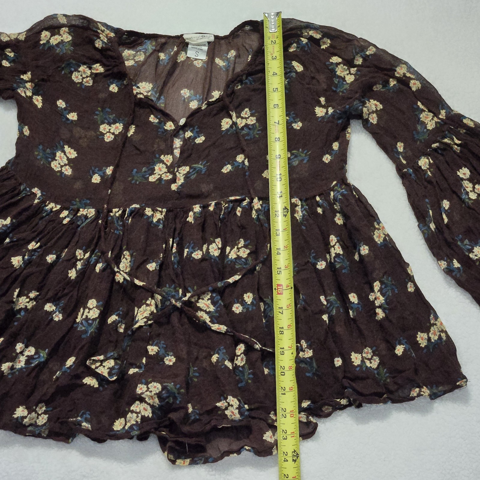Natural Life Floral Boho Babydoll Top Size S Brown Peasant Puff Sleeve Cottage