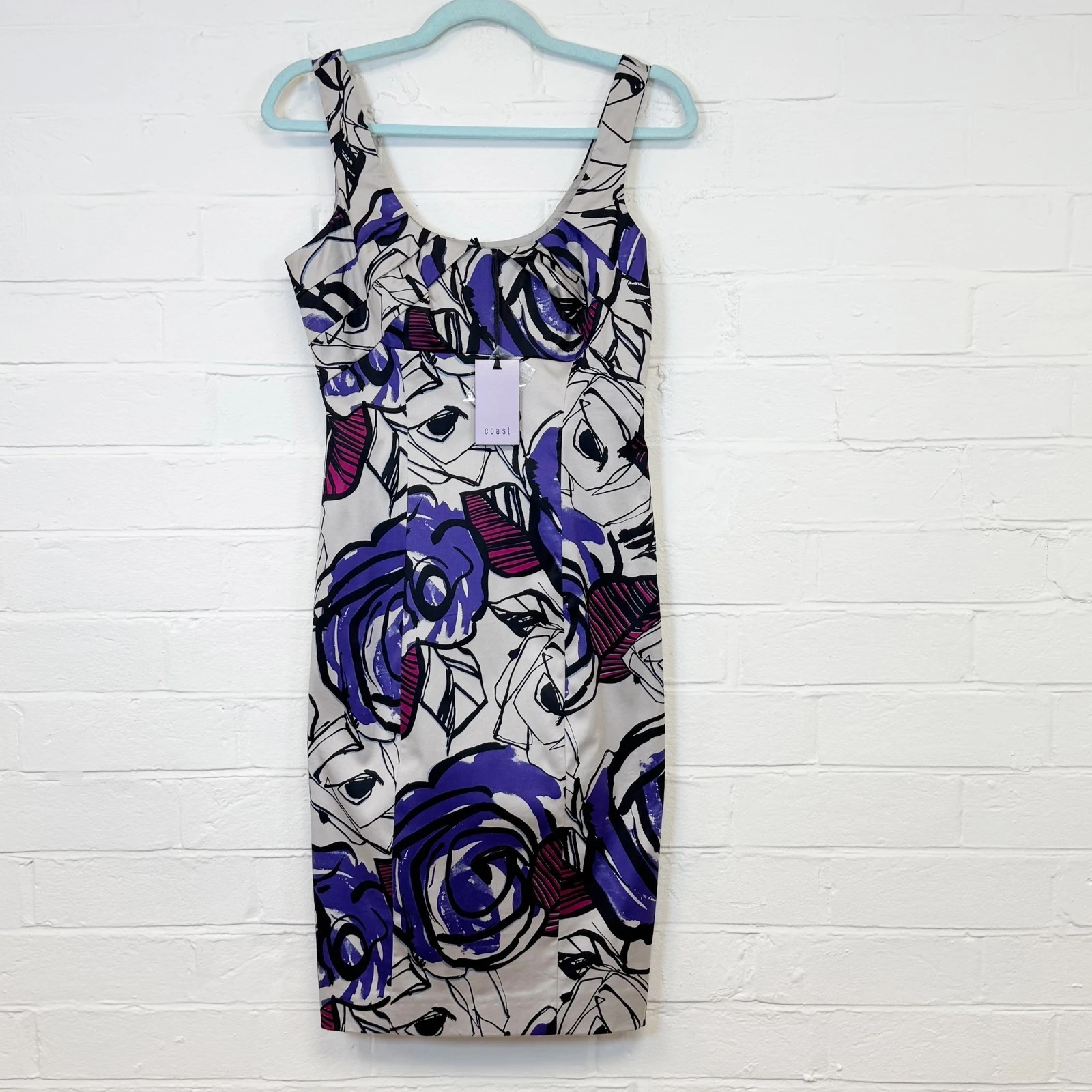 Coast Bodycon Shift Dress Beige Purple Pink Floral Strappy UK Size 10