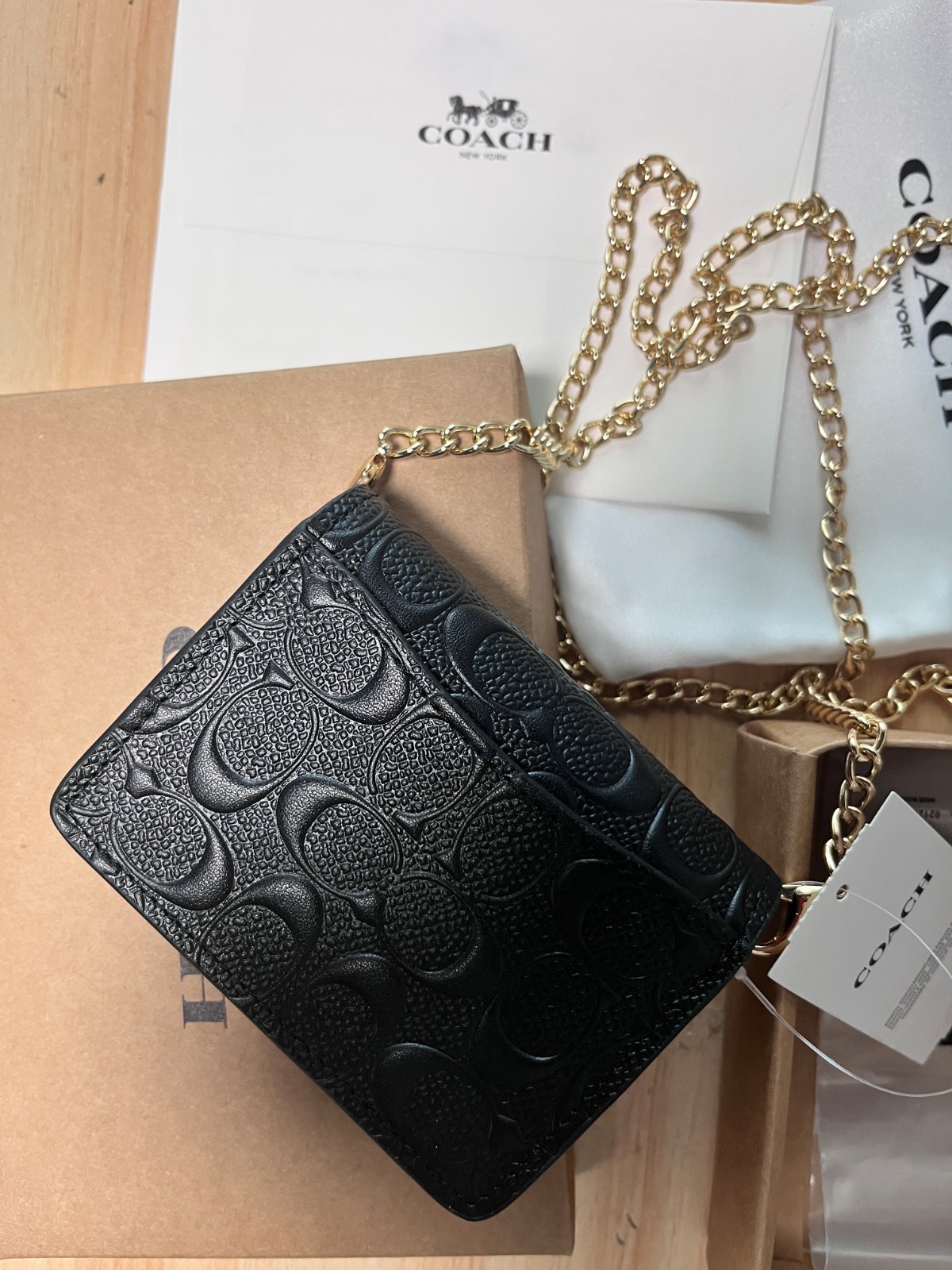 NEW Black COACH C7361 Mini Wallet on a Chain with In Signature Print Relief