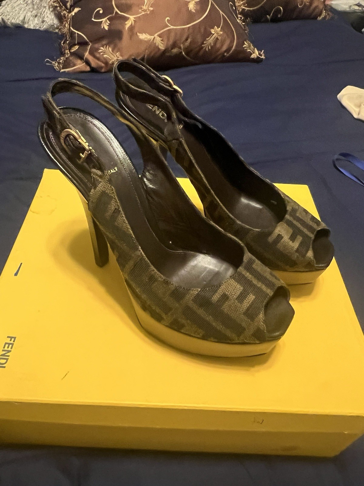 Good!! Fendi Zucca FF Logo Canvas Peep Toe Slingback Stiletto Heels Women’s US 8
