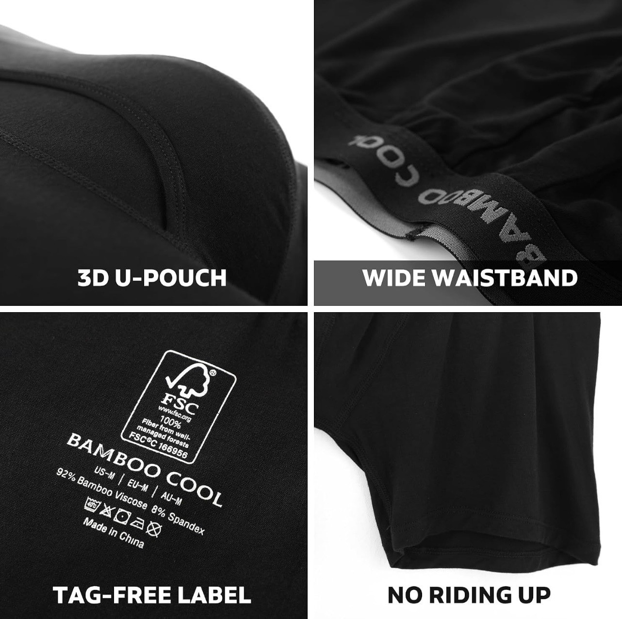 BAMBOO COOL Men’s Boxer Briefs 4-Pack Black XL Tagless Breathable Pouch