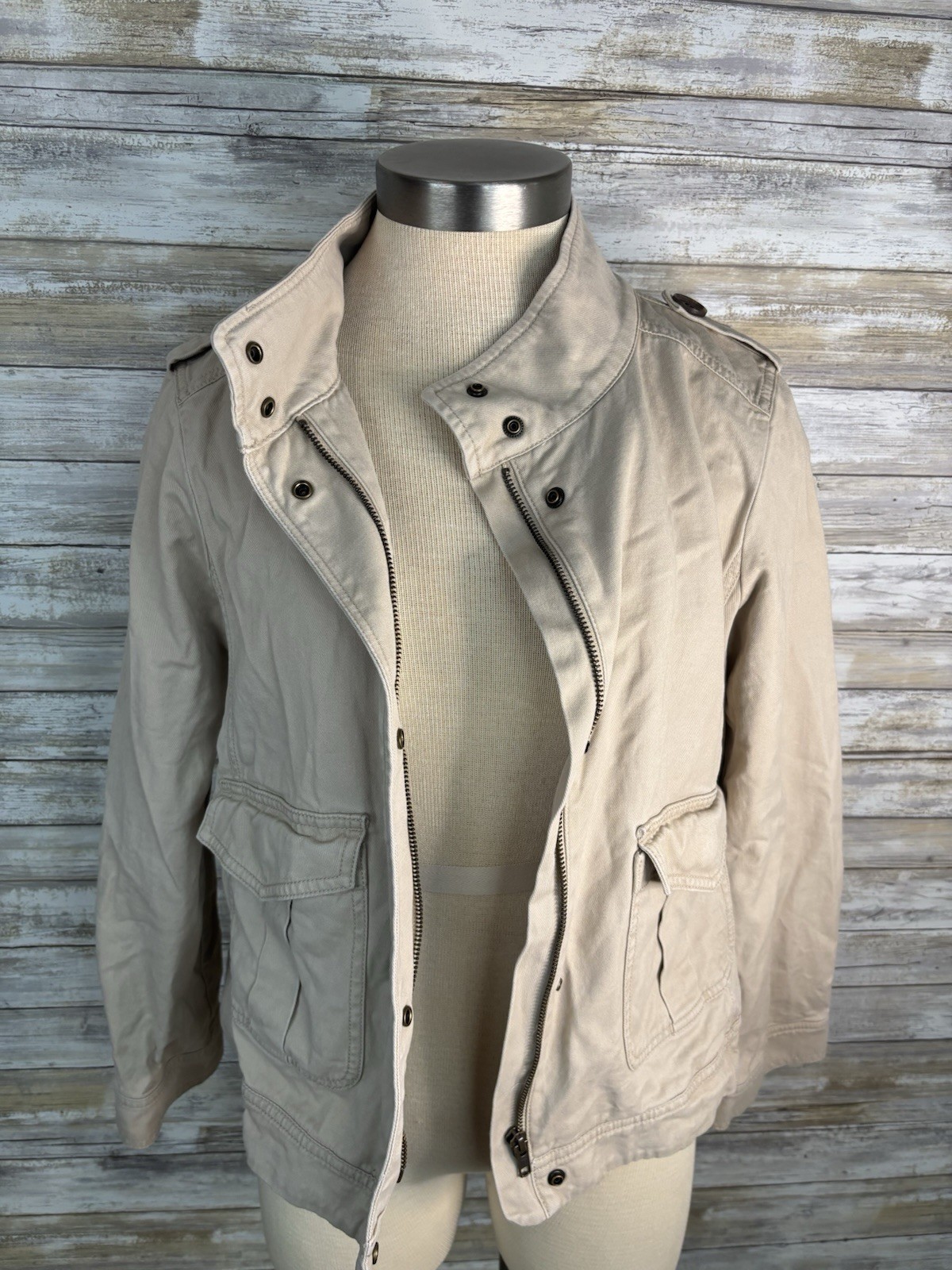 Talbots Refined Twill Utility Jacket Beige Petite M Military Safari Style Cotton