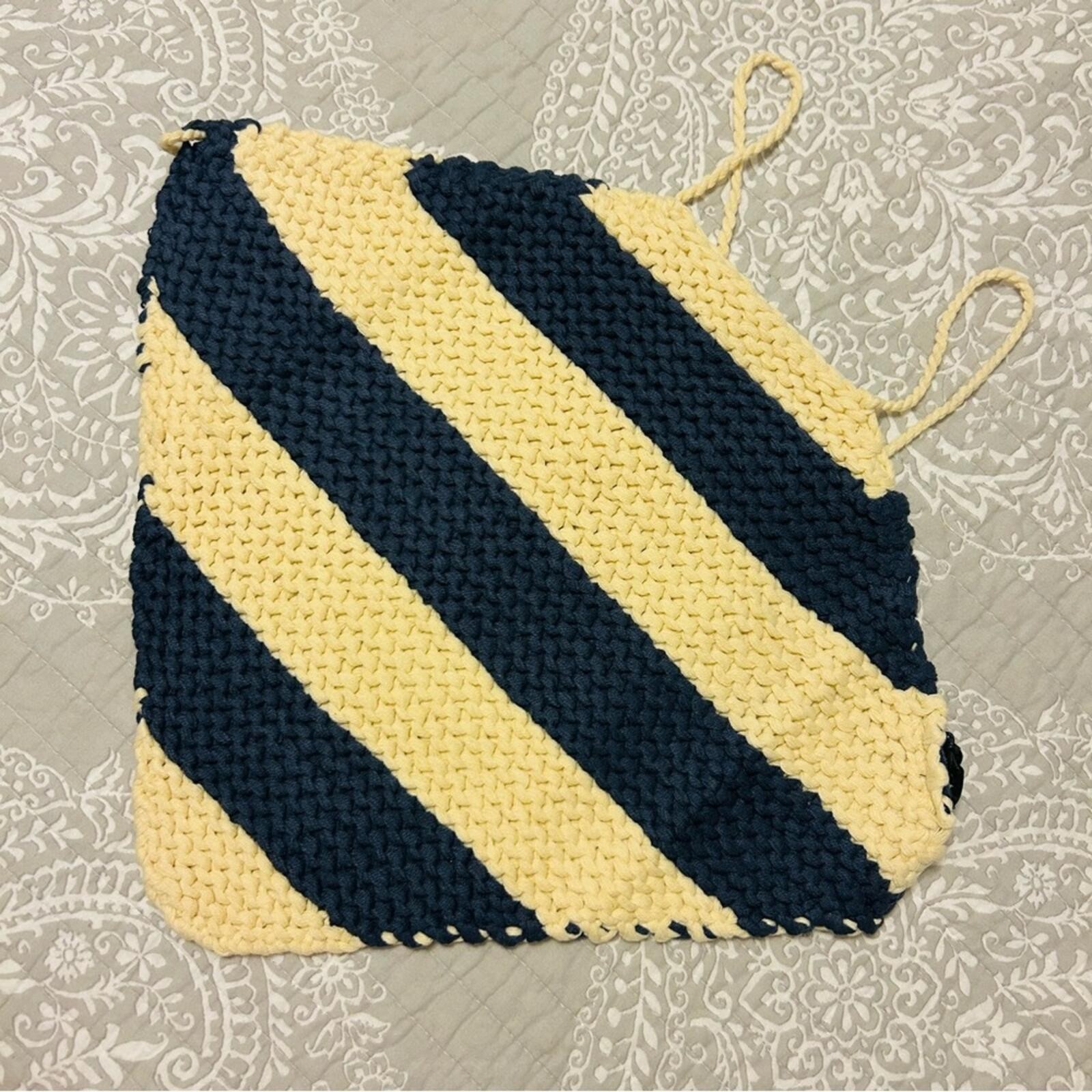 Brand New Bardot Navy Blue & Beige Chunky Striped Knit Backless Halter Top