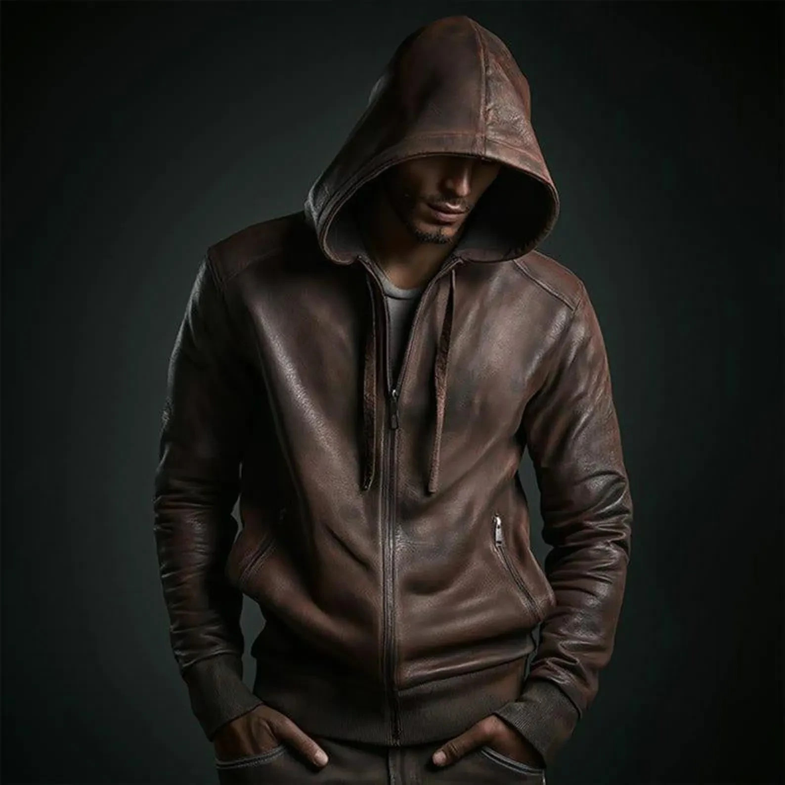 Men’s Brown Lambskin Hooded Leather Jacket Handmade Real Leather Vintage Hoodie
