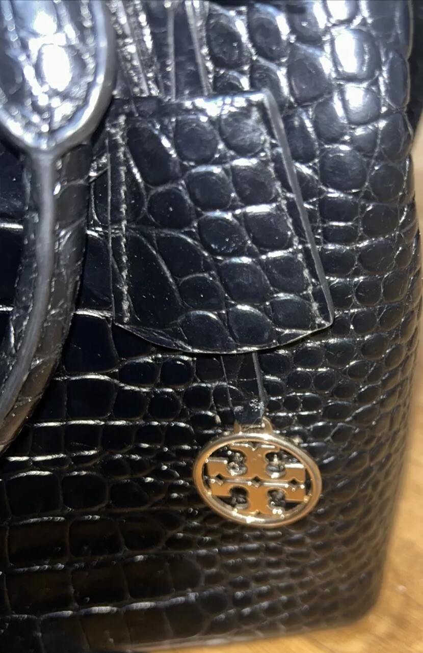 Tory Burch Robinson Crocodile Embossed Crossbody Purse Designer Bag, Black,