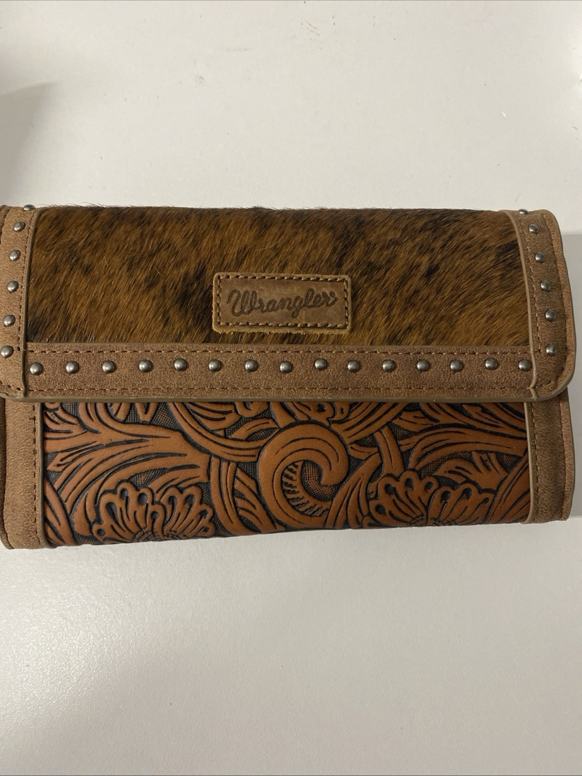 Wrangler Genuine Cowhide/Faux Leather and Canvas Crossbody Wallet Wristlet Brown