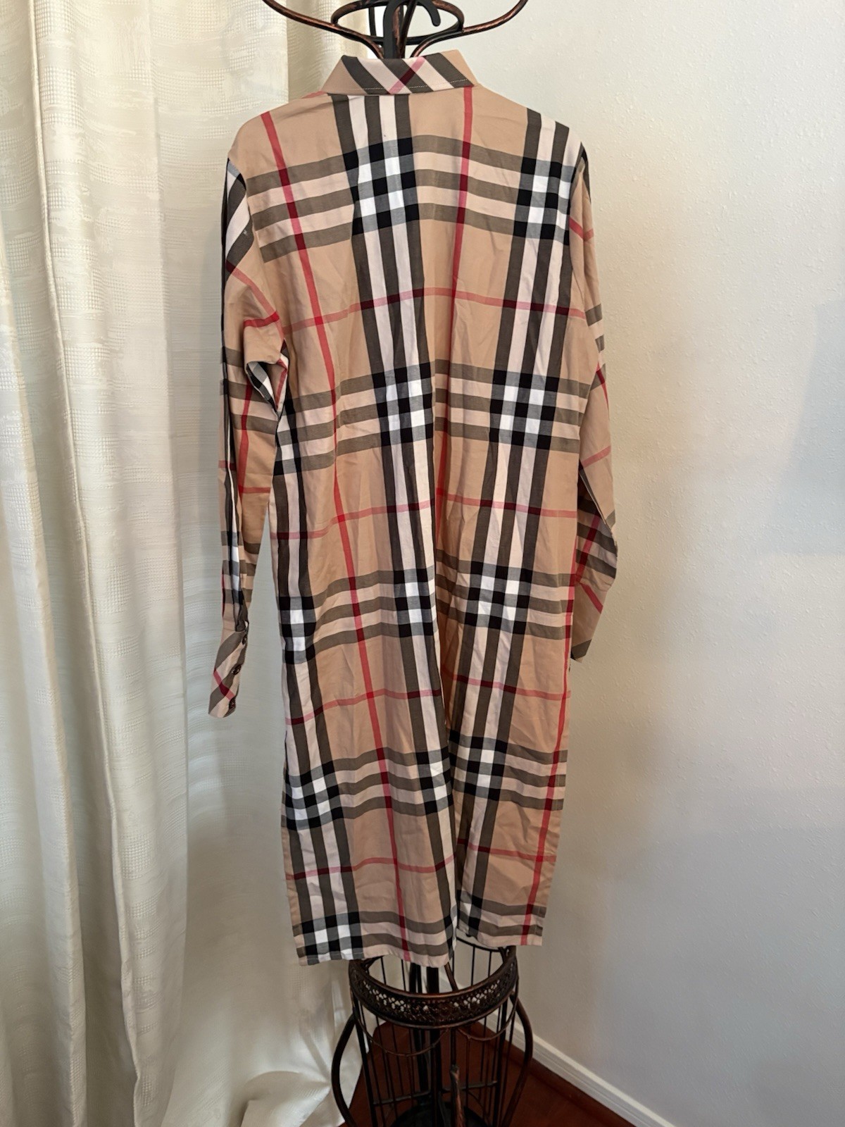 Brand new Checked Long Shirt dress with slit in Beige size medium- Classic Plaid