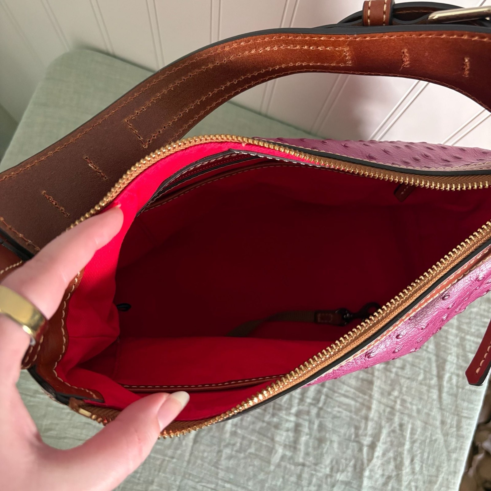 Dooney & Bourke Ostrich Embossed Leather Hobo Shoulder Bag in Fuchsia