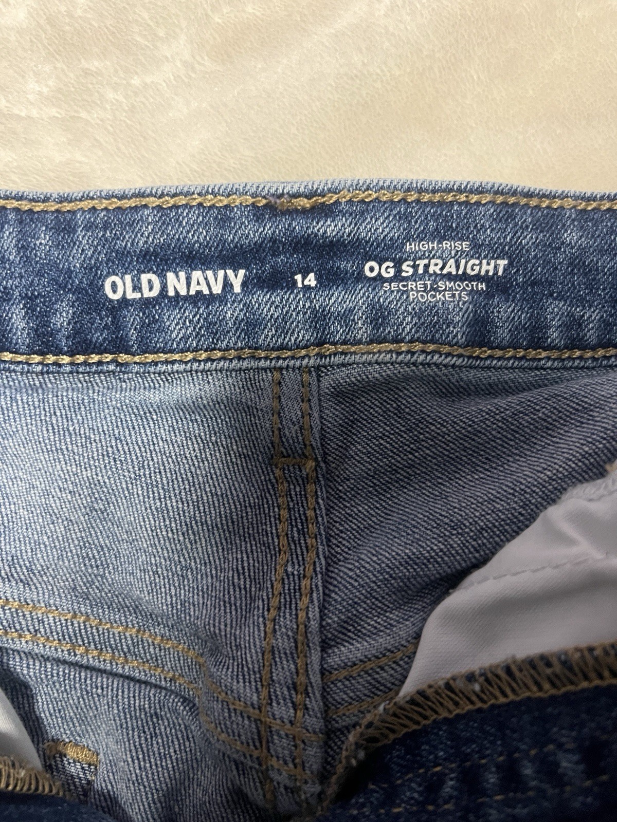 Old Navy Women’s Straight High-Rise Blue Denim Jeans Solid 5-Pocket, Size 14