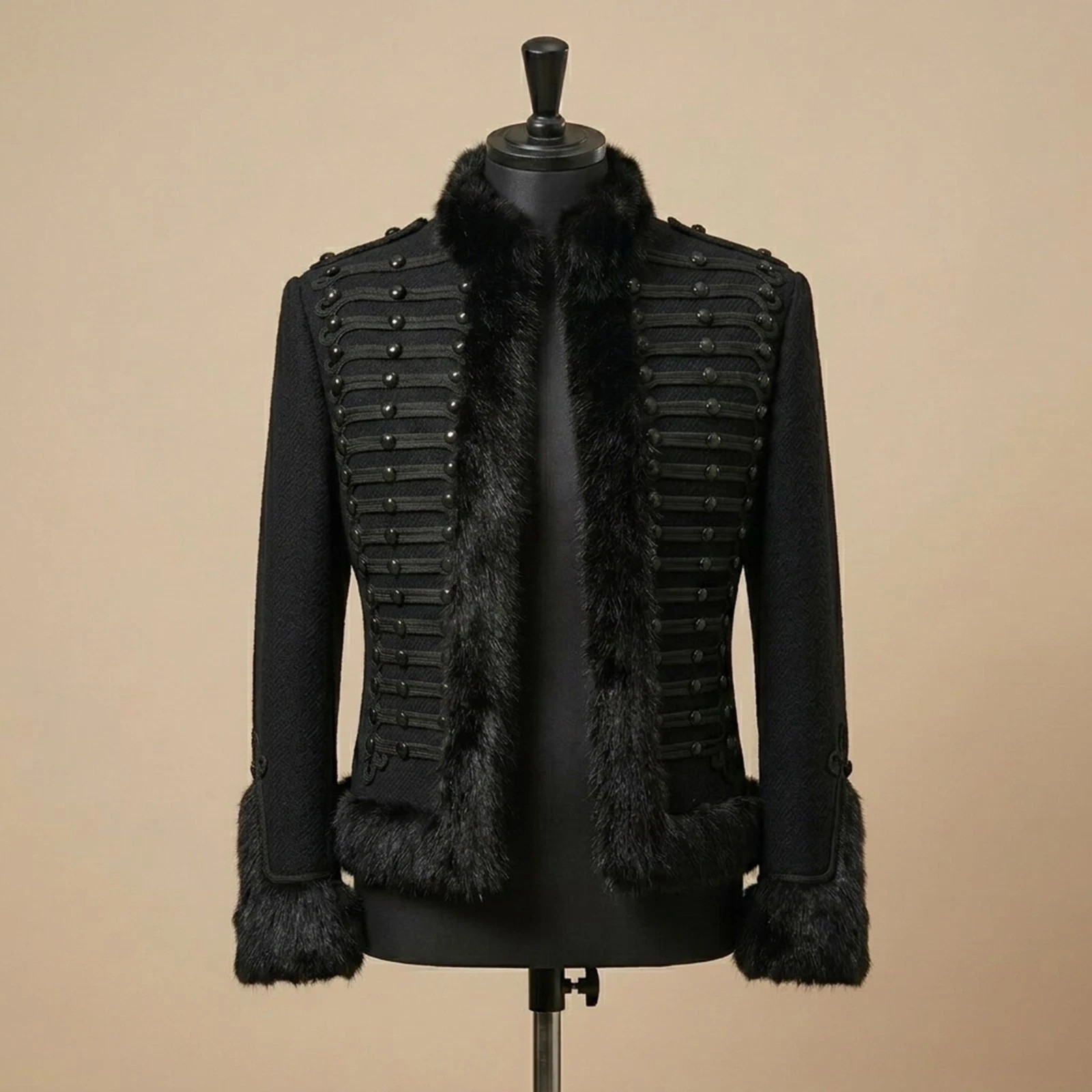 Black Military Hussar Jacket Faux Fur Trim Parade Coat Custom Made Men