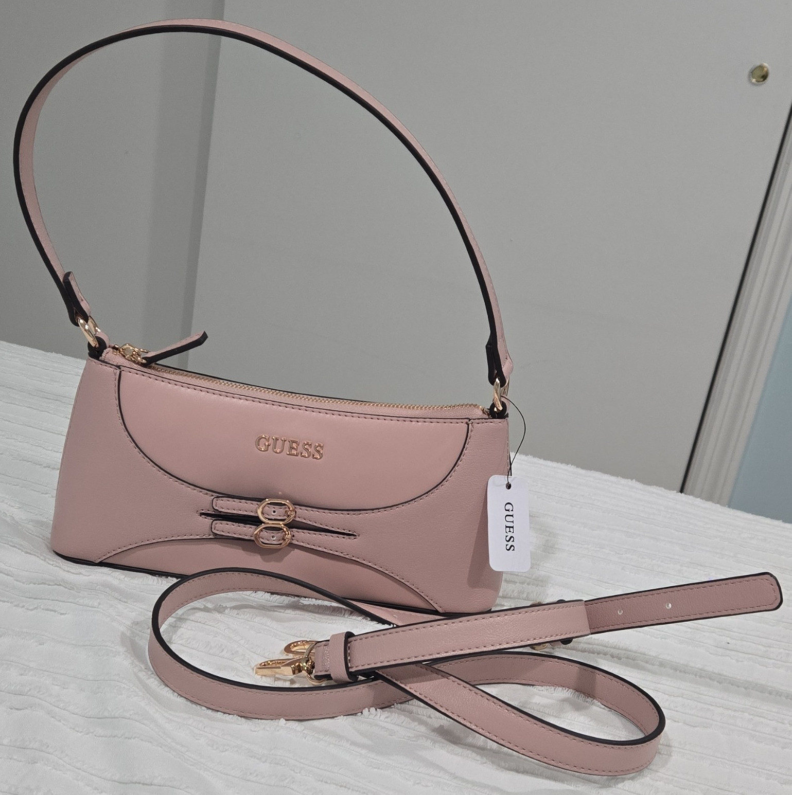 GUESS Pink Small Shoulder/Crossbody Bag Logo Pattern Zip Gold Hardware Detach