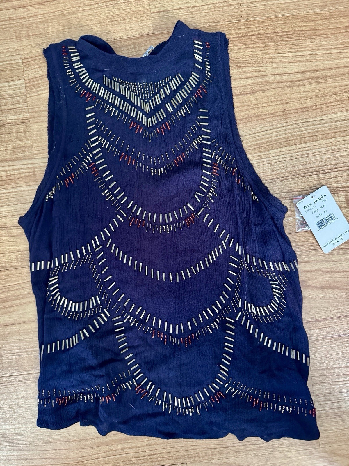 Free People Beaded Embellished Navy Sleeveless Tunic Top XS NWT $128 Boho