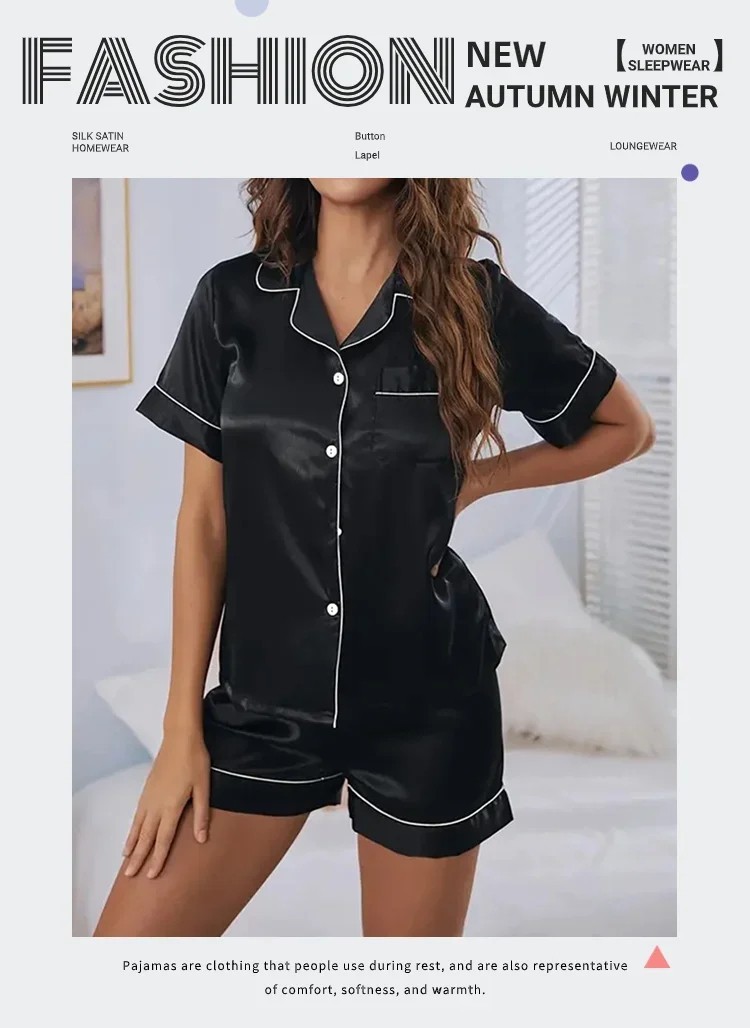 Womens Silk Satin Pajama Set 2 Piece Button Down Top Shorts Sleepwear Loungewear