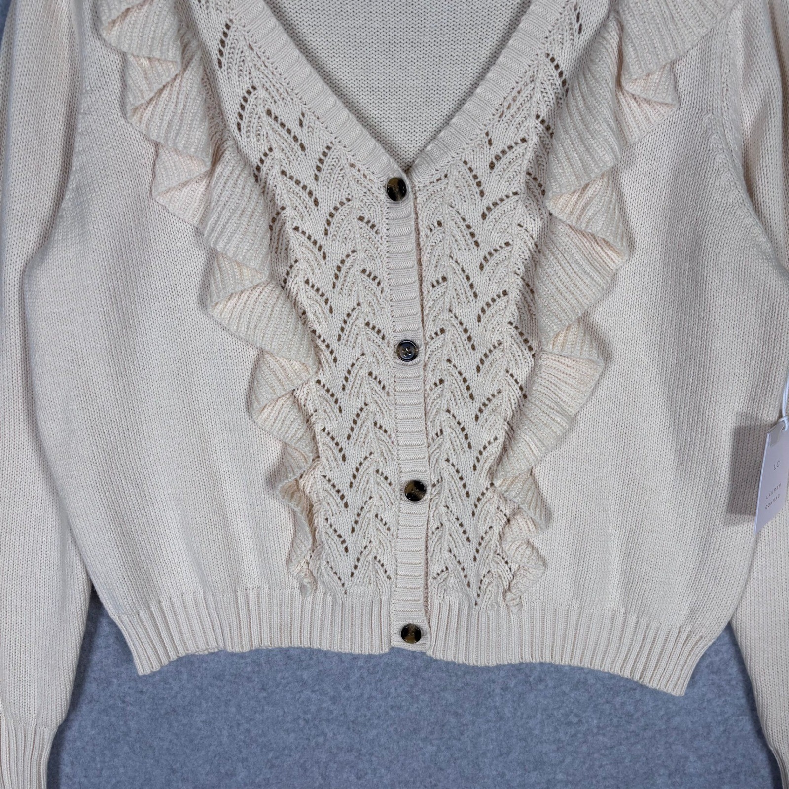 NEW Lauren Conrad Crochet Ruffle Cardigan Sweater XL Cream Dainty Coquette