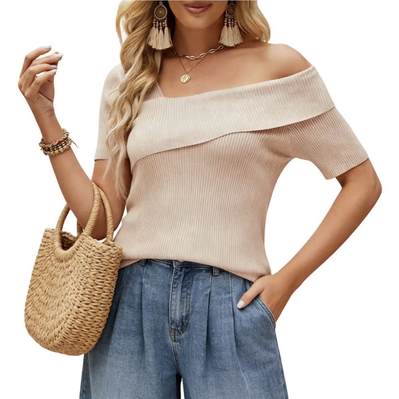 Brand New $100 Women’s Asymmetrical Off-Shoulder Short Sleeve Ribbed Knit Top-S