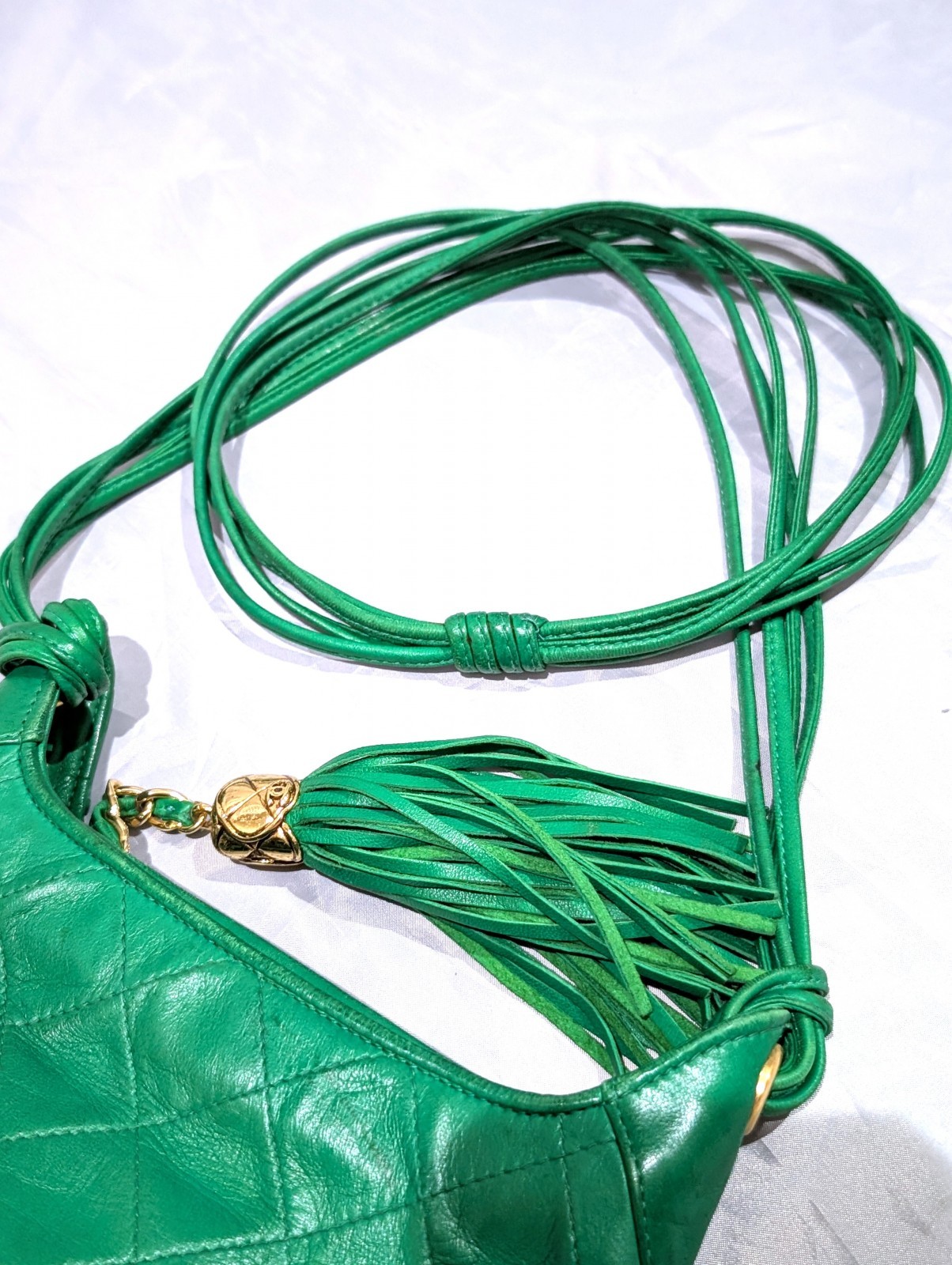CHANEL CC Logo Fringe Charm Mini Shoulder Bag Lamb Leather Green VTG JPN