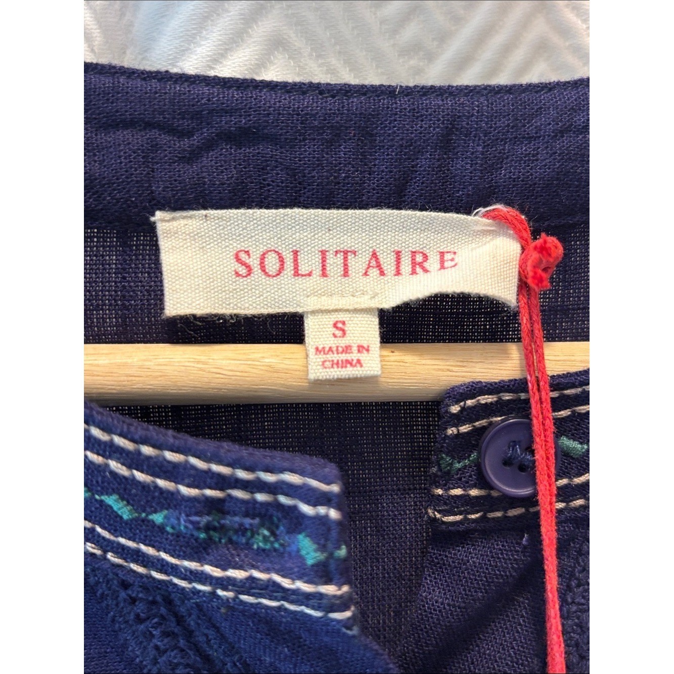 NWT Solitaire Navy Blue Embroidered Floral Boho Button-Front Top