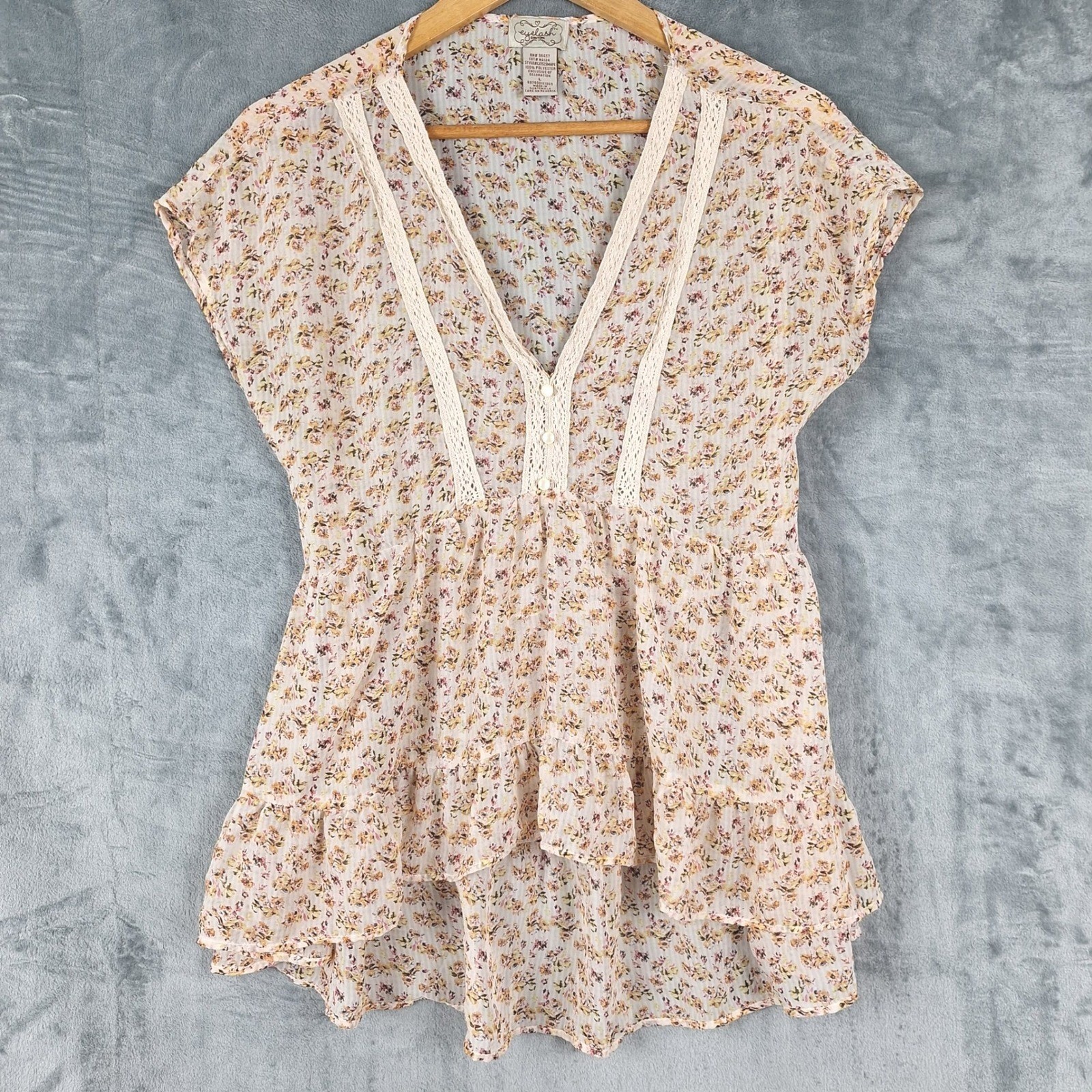 Womens Top Large Fairy Crochet Lace Floral Babydoll Ruffle Dainty Boho Sheer