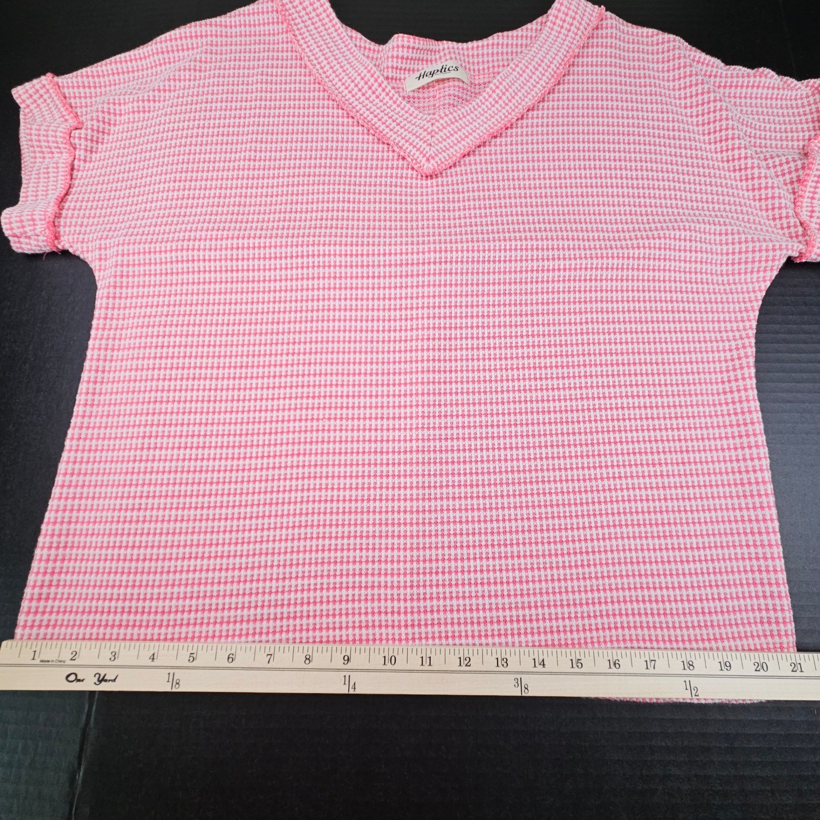 Haptics by Holly Harper Pink Jacquard Gingham V-Neck Top Short Sleeve Loungewear
