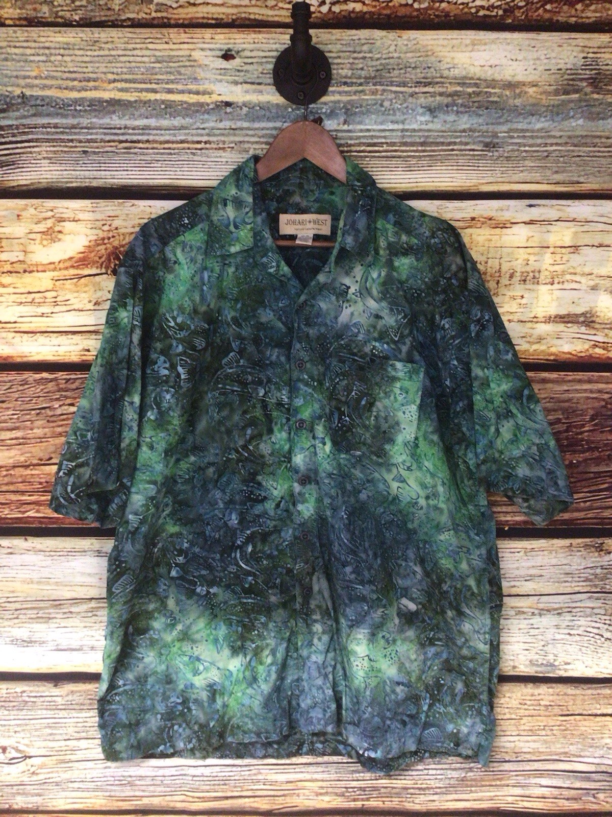 Johari West Shirt Mens XL Green Blue Fish Print Batik Hawaiian Button Front