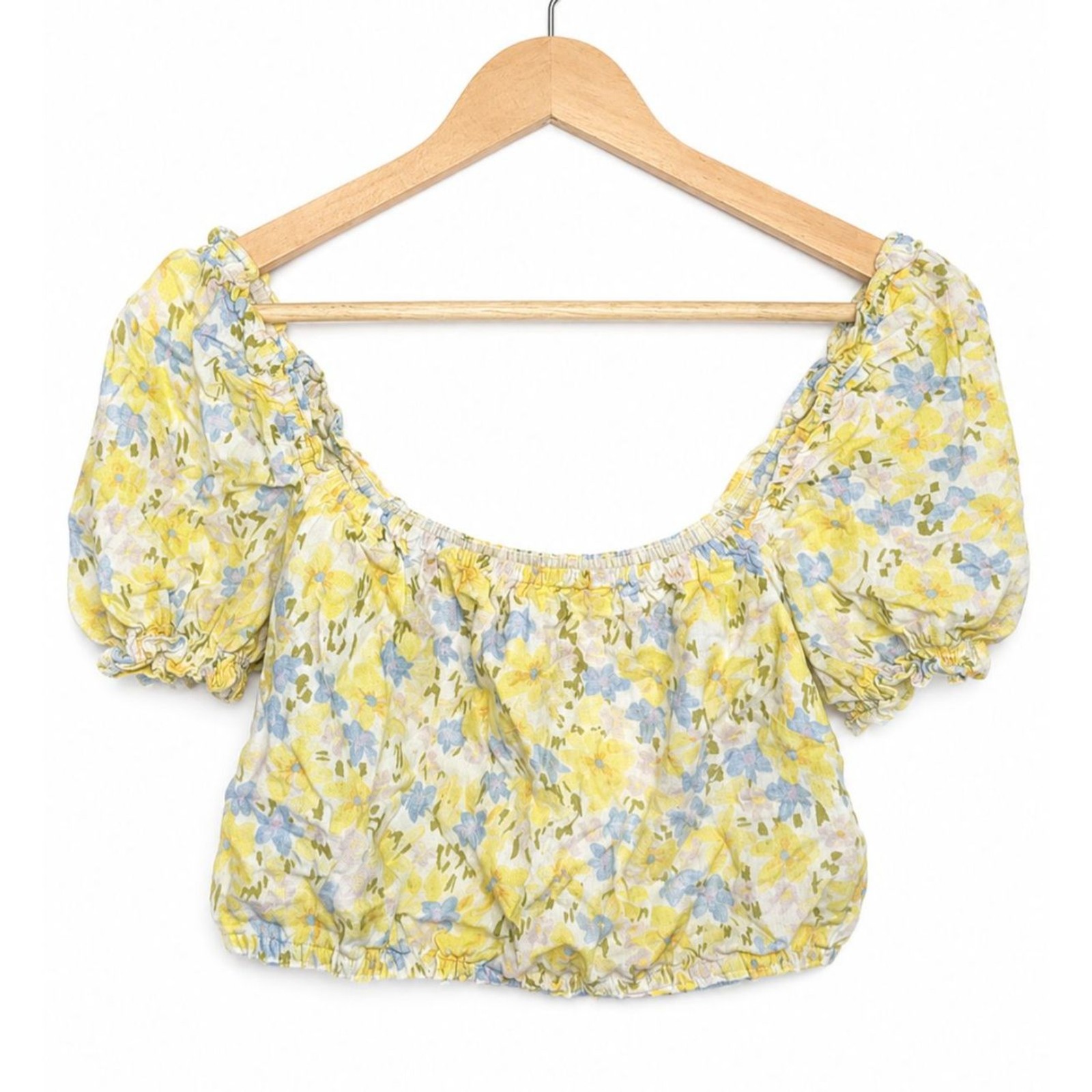 GB Yellow Floral Puff Sleeve Crop Top M Linen Blend Cottagecore Peasant Blouse